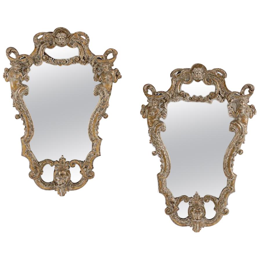 Pair of Italian Baroque Style Silver Mirrors, 19th Century