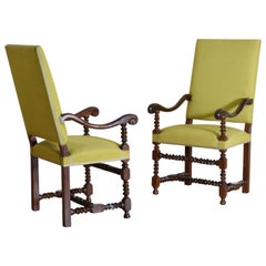 Pair of Italian Baroque Style Spiral Turned Walnut & Upholstered Armchairs