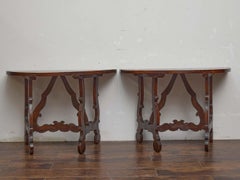 Pair of Italian Baroque Style Walnut Demi-Lune Console Tables, circa 1800