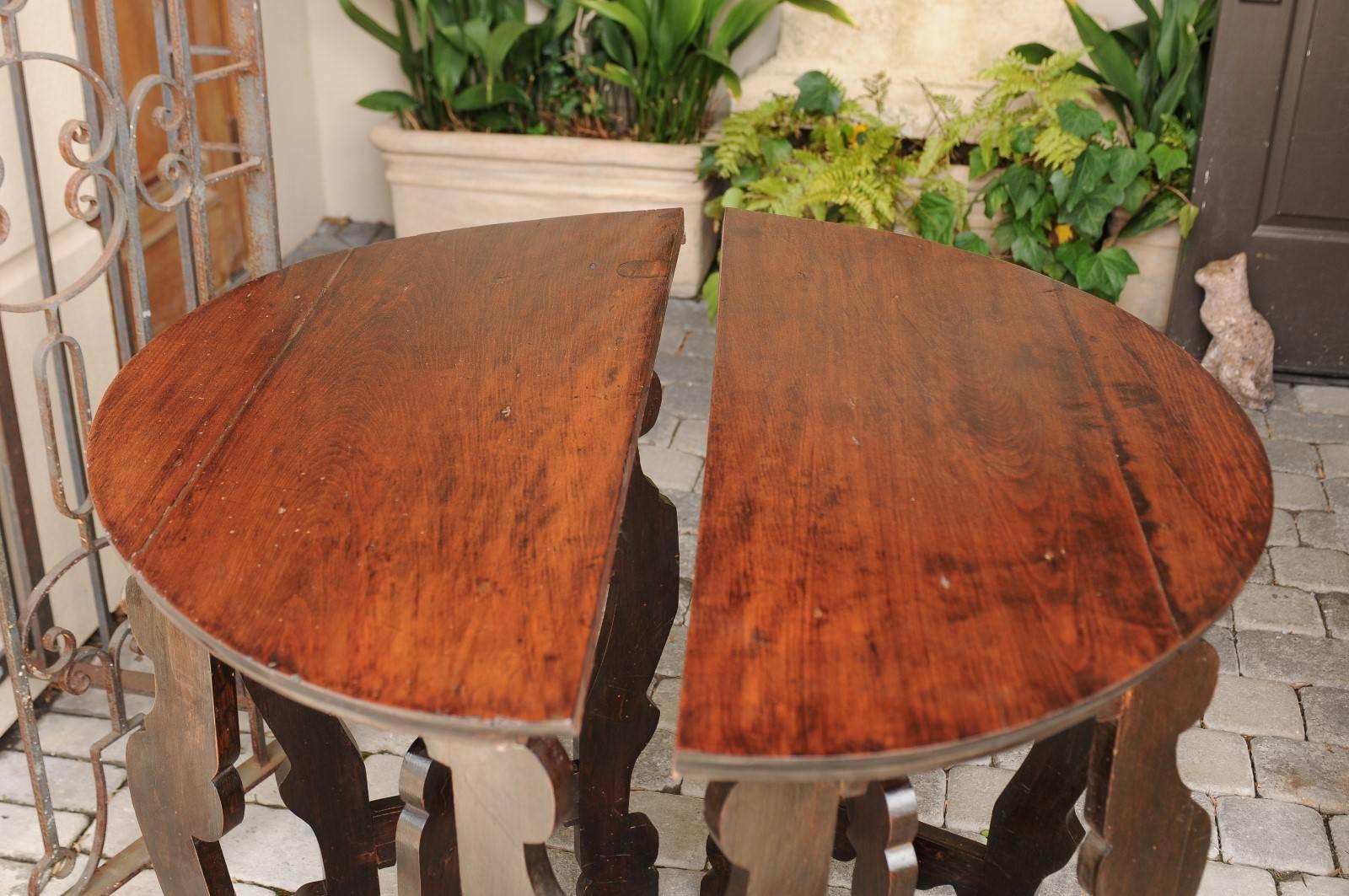 Wood Pair of Italian Baroque Style Walnut Demilune Console Tables, circa 1870