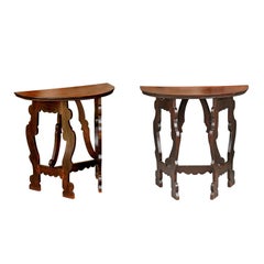 Pair of Italian Baroque Style Walnut Demilune Console Tables, circa 1870