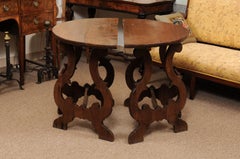 Pair of Italian Baroque Style Walnut Demilune Console Tables, Late 19th Century