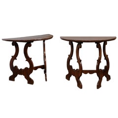 Pair of Italian Baroque Style Walnut Demilune Console Tables, Late 19th Century
