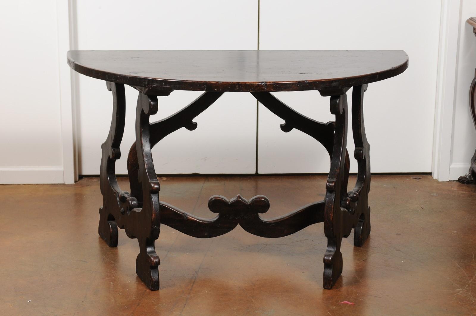 Pair of Italian Baroque Style Walnut Demilune Tables from Tuscany, circa 1800 5