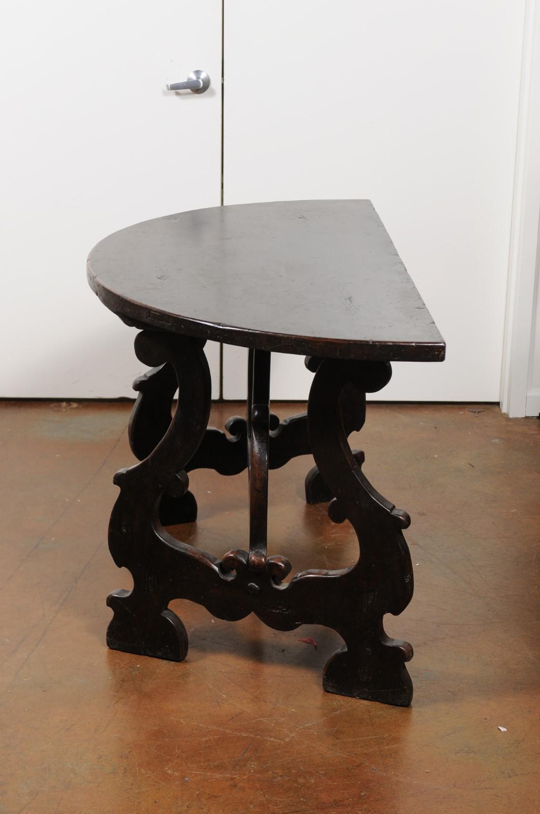 Pair of Italian Baroque Style Walnut Demilune Tables from Tuscany, circa 1800 9