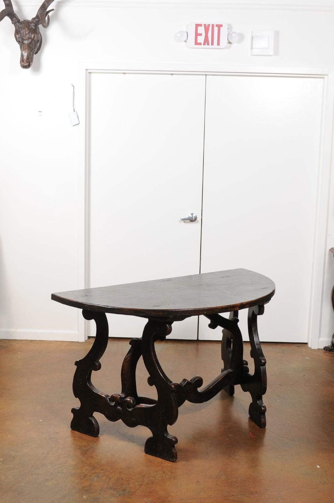 Hand-Carved Pair of Italian Baroque Style Walnut Demilune Tables from Tuscany, circa 1800