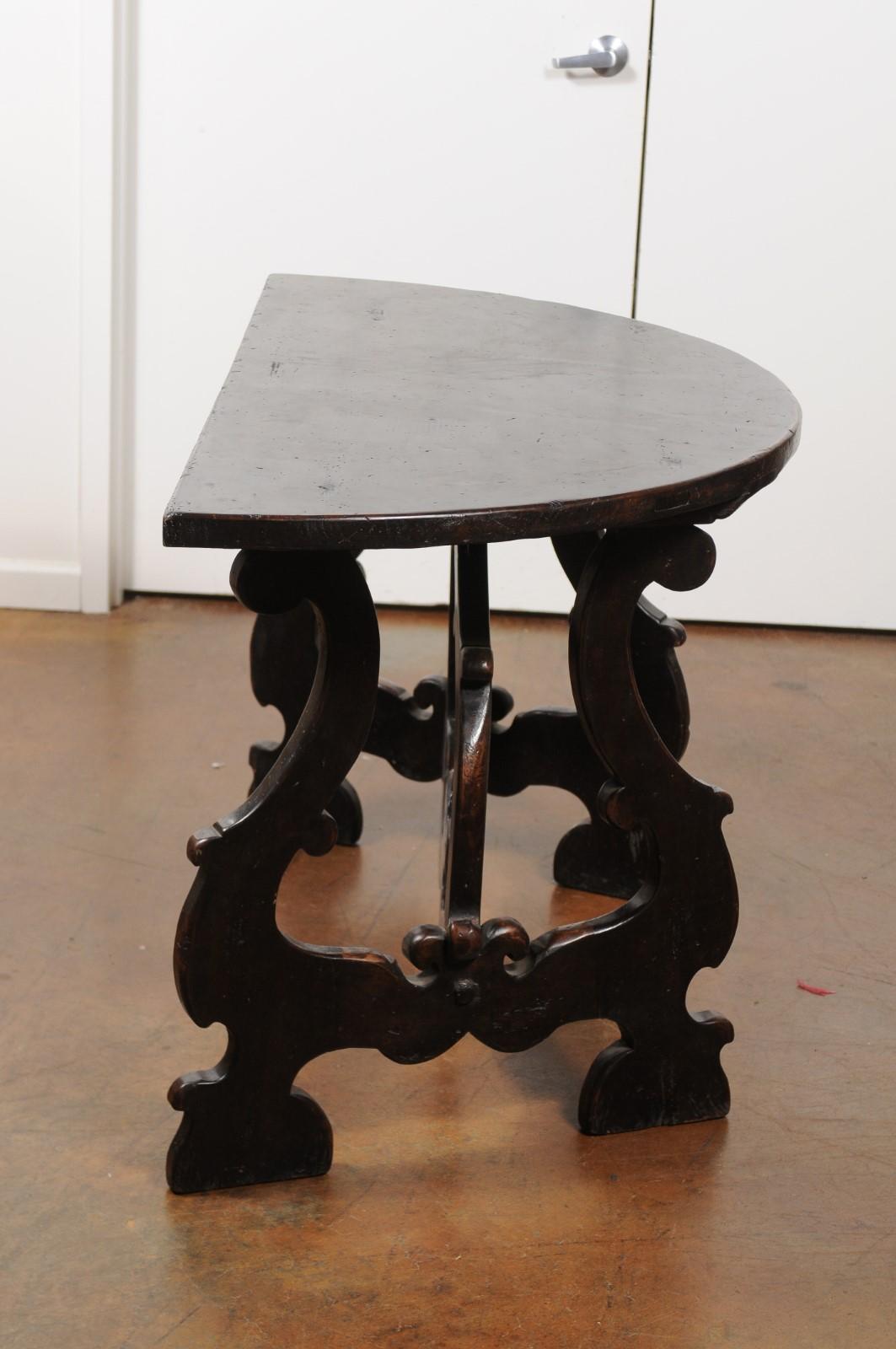 19th Century Pair of Italian Baroque Style Walnut Demilune Tables from Tuscany, circa 1800