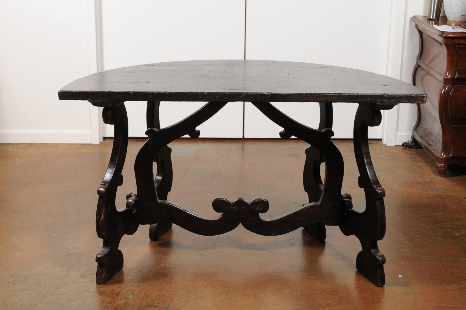 Pair of Italian Baroque Style Walnut Demilune Tables from Tuscany, circa 1800 1