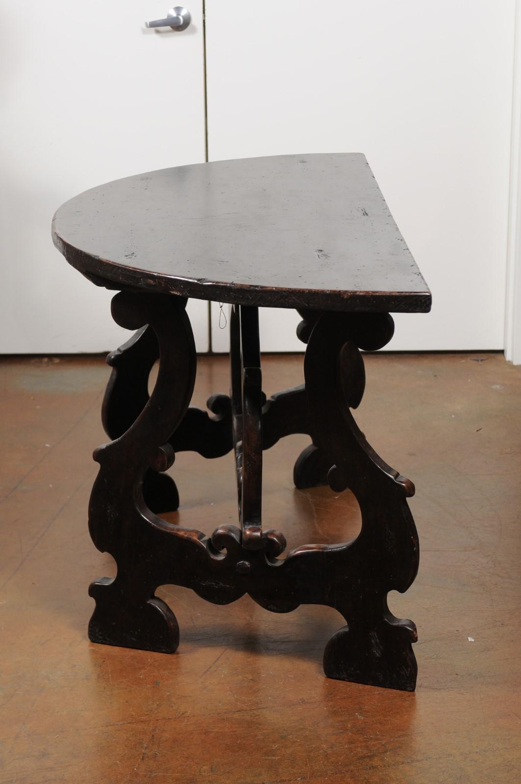 Pair of Italian Baroque Style Walnut Demilune Tables from Tuscany, circa 1800 2