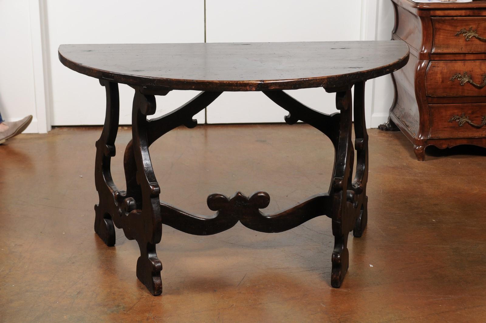 Pair of Italian Baroque Style Walnut Demilune Tables from Tuscany, circa 1800 3