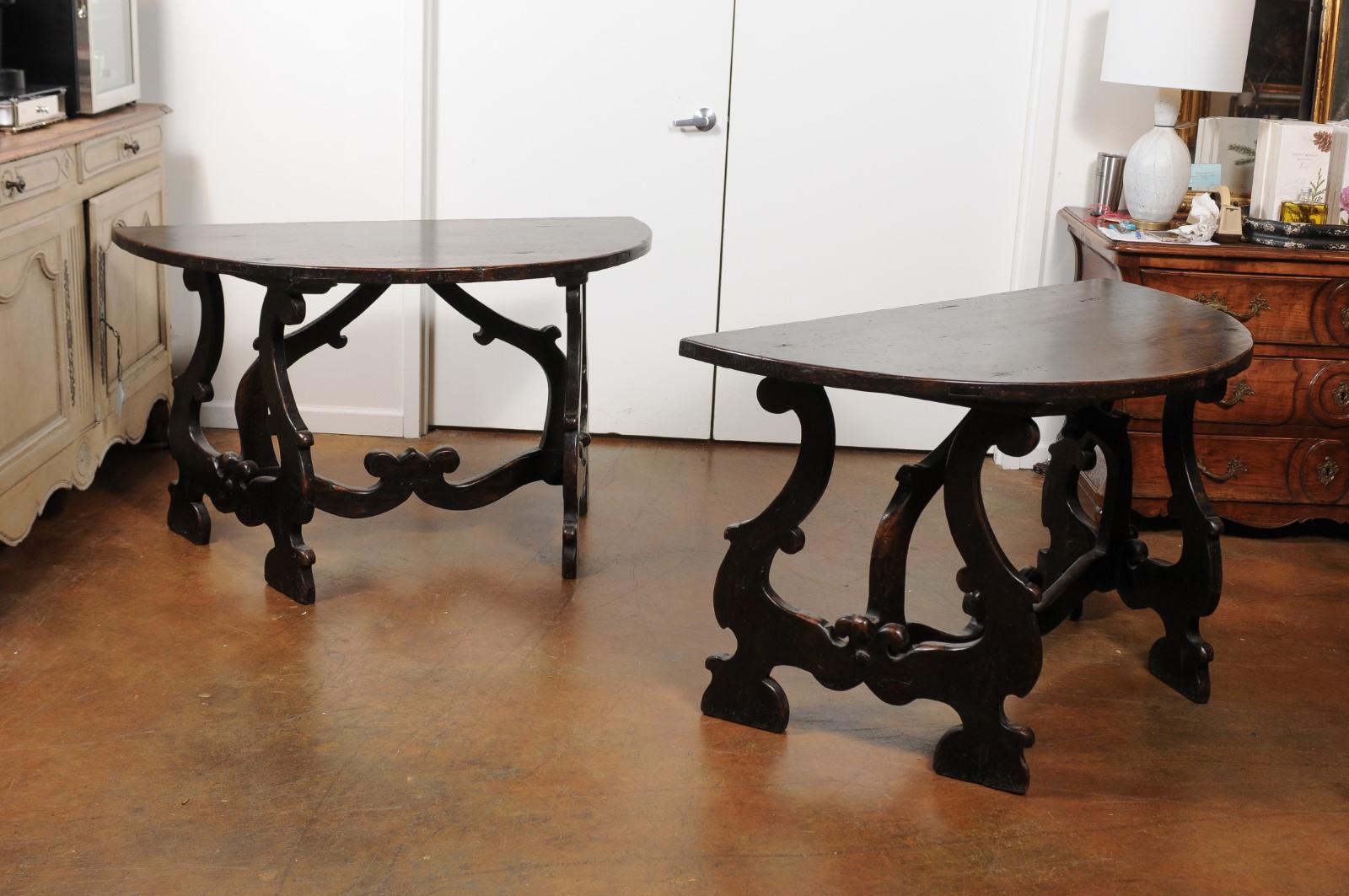 Pair of Italian Baroque Style Walnut Demilune Tables from Tuscany, circa 1800 4