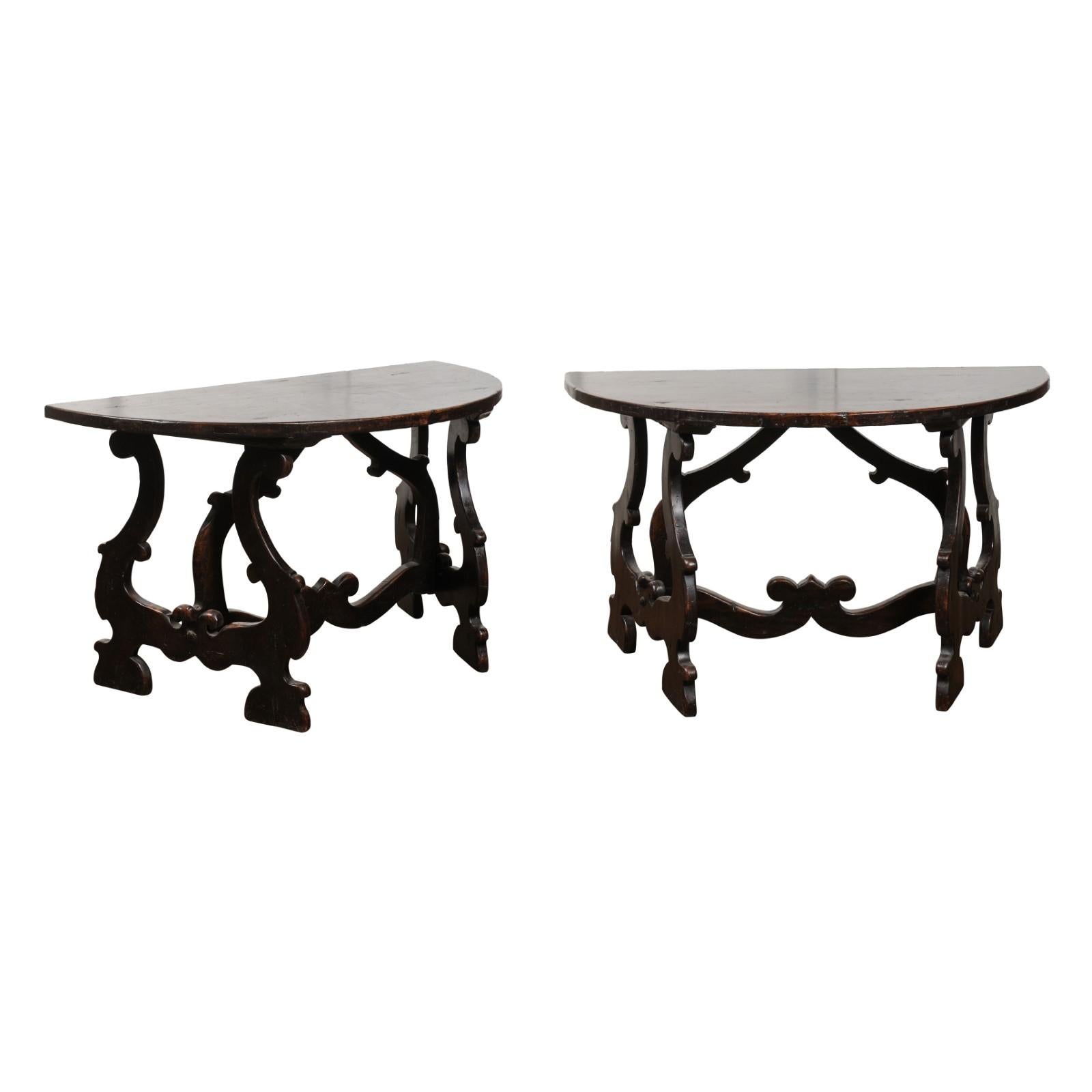 Pair of Italian Baroque Style Walnut Demilune Tables from Tuscany, circa 1800