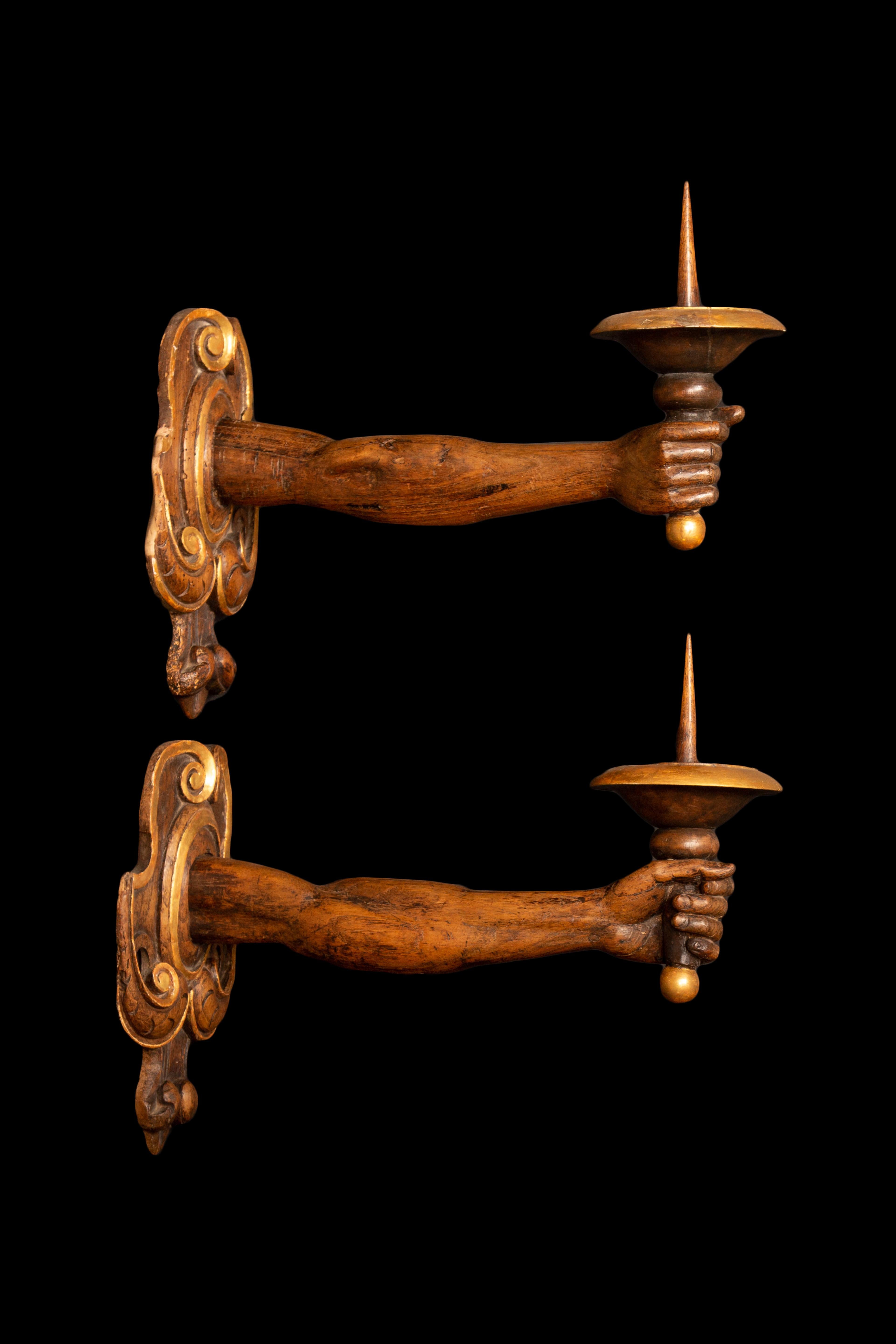 19th Century Pair of Italian Baroque Style Walnut & Gilt Wall Sconces For Sale