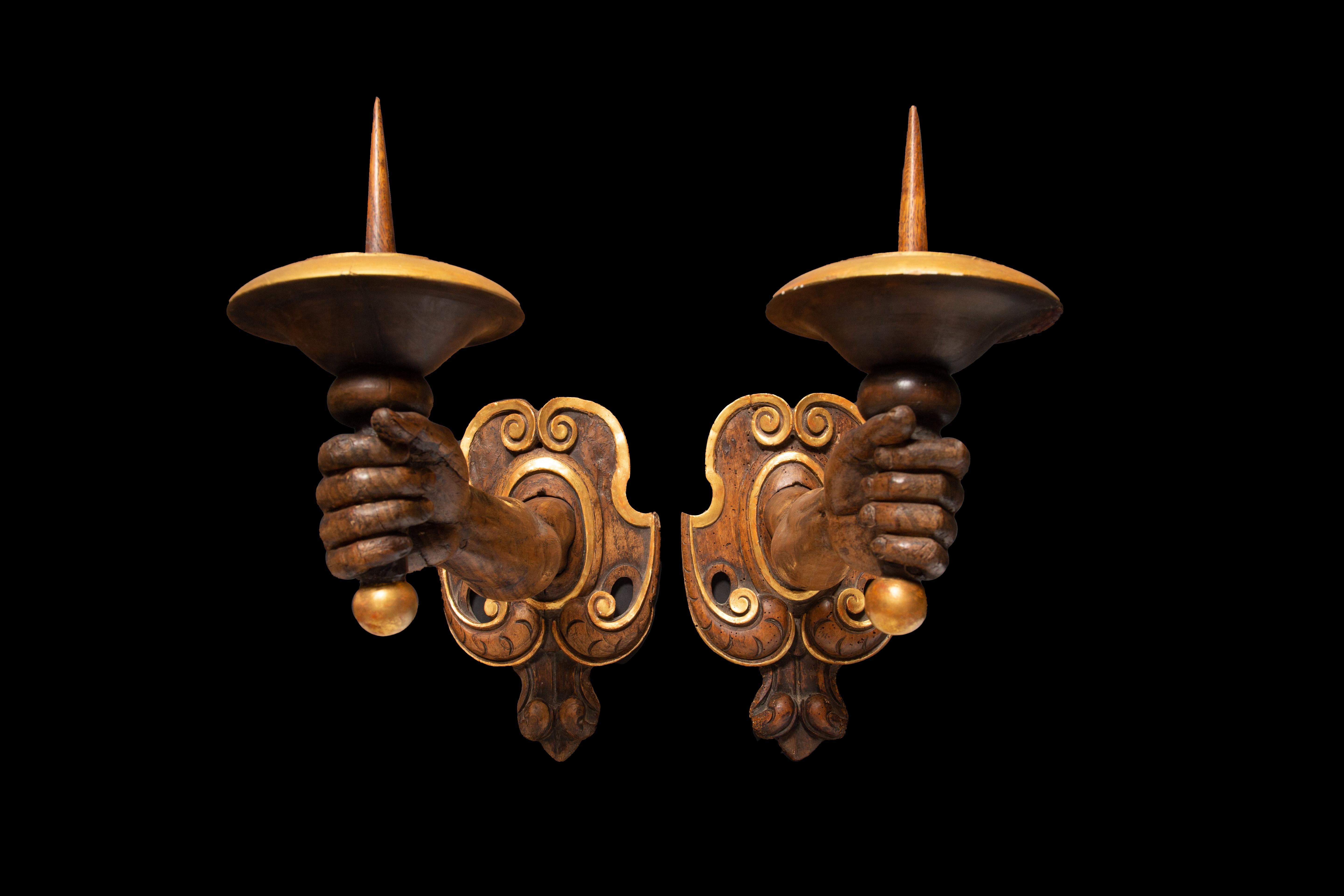 Pair of Italian Baroque Style Walnut & Gilt Wall Sconces For Sale 1