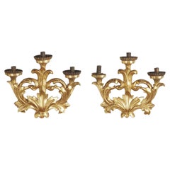 Pair of Italian Baroque Wall Candelabra 1850s Giltwood Three-armed Sconces