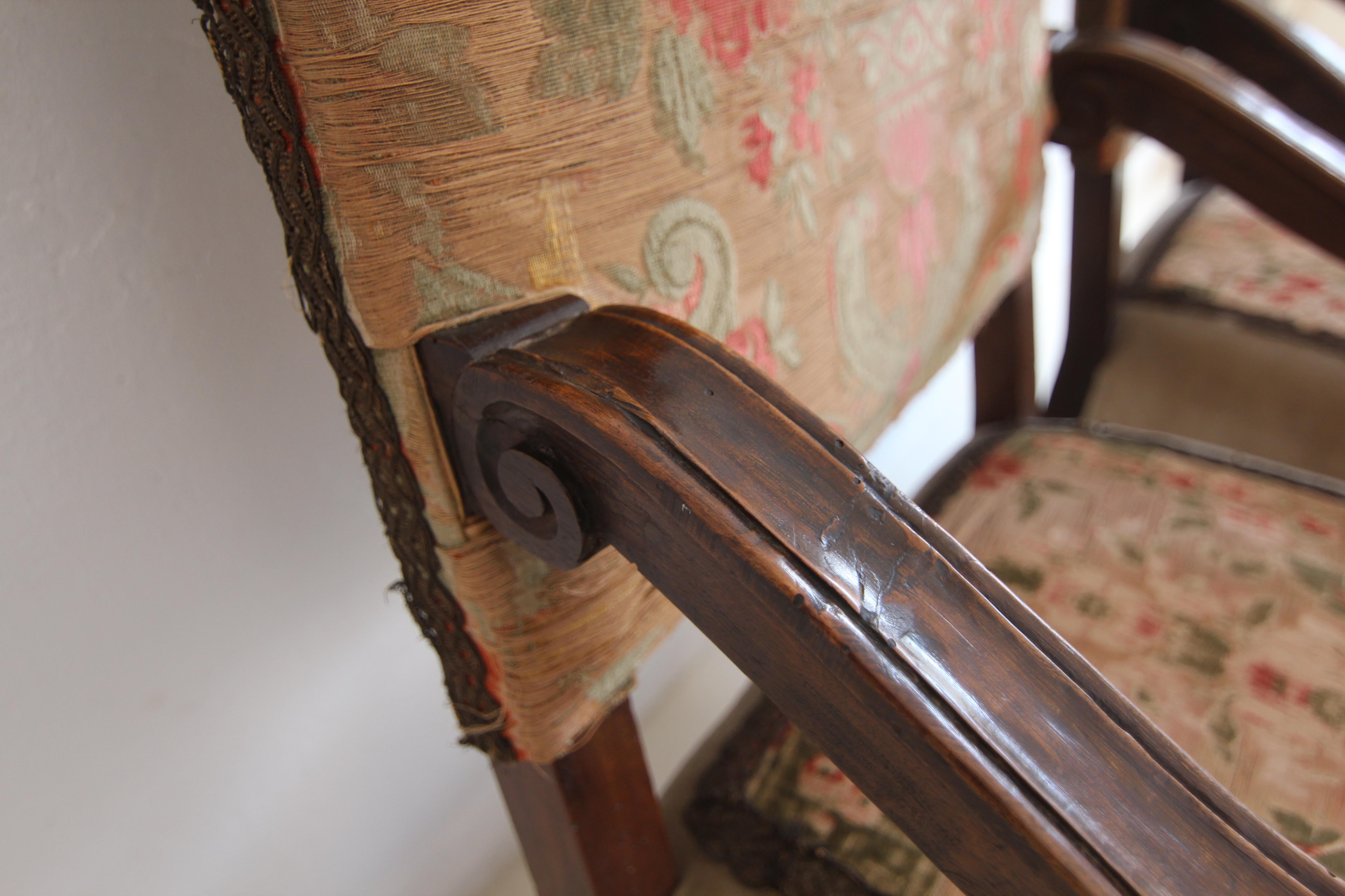 Pair of Italian Baroque Walnut Armchairs For Sale 12