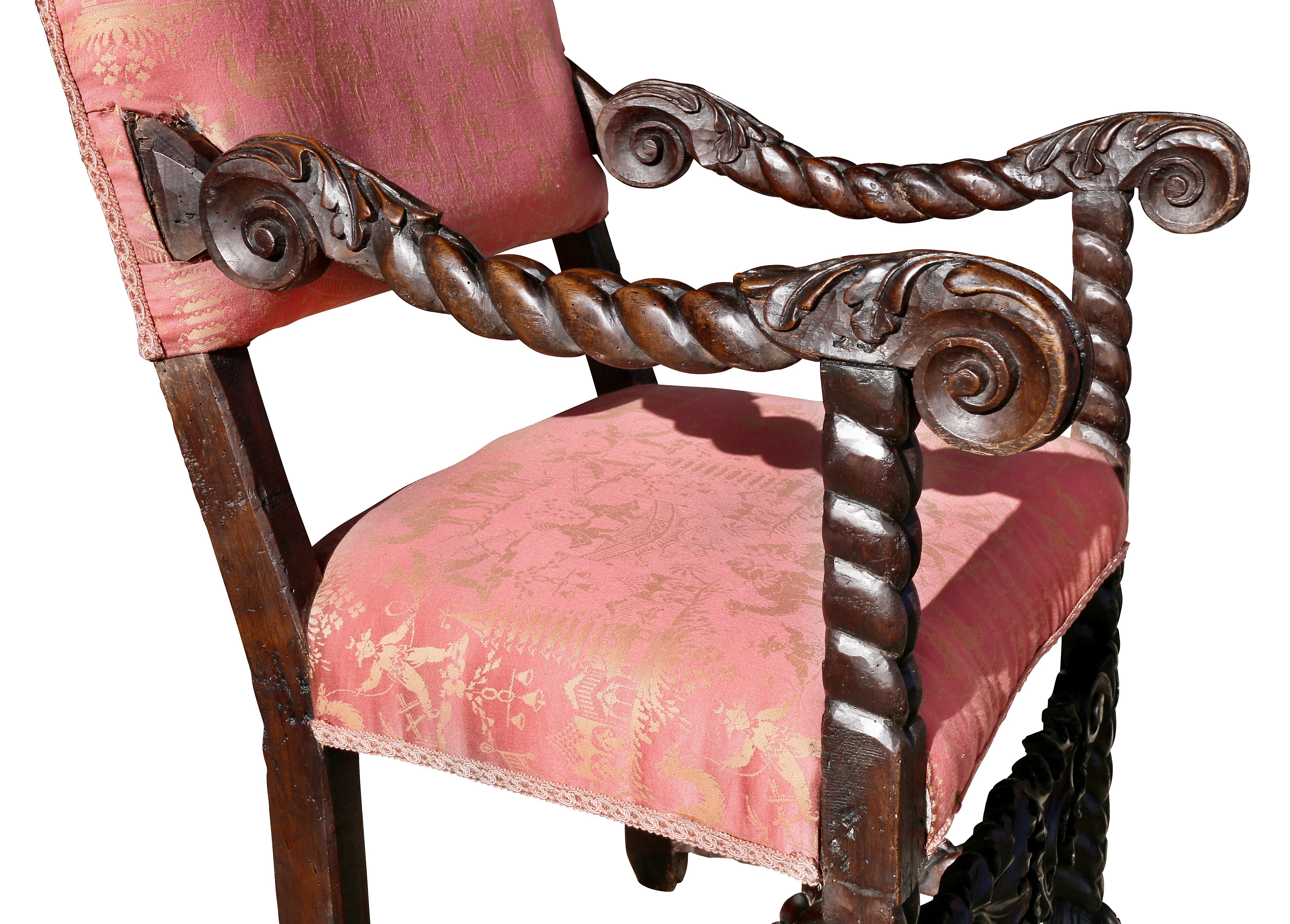 Pair of Italian Baroque Walnut Armchairs In Good Condition In Essex, MA