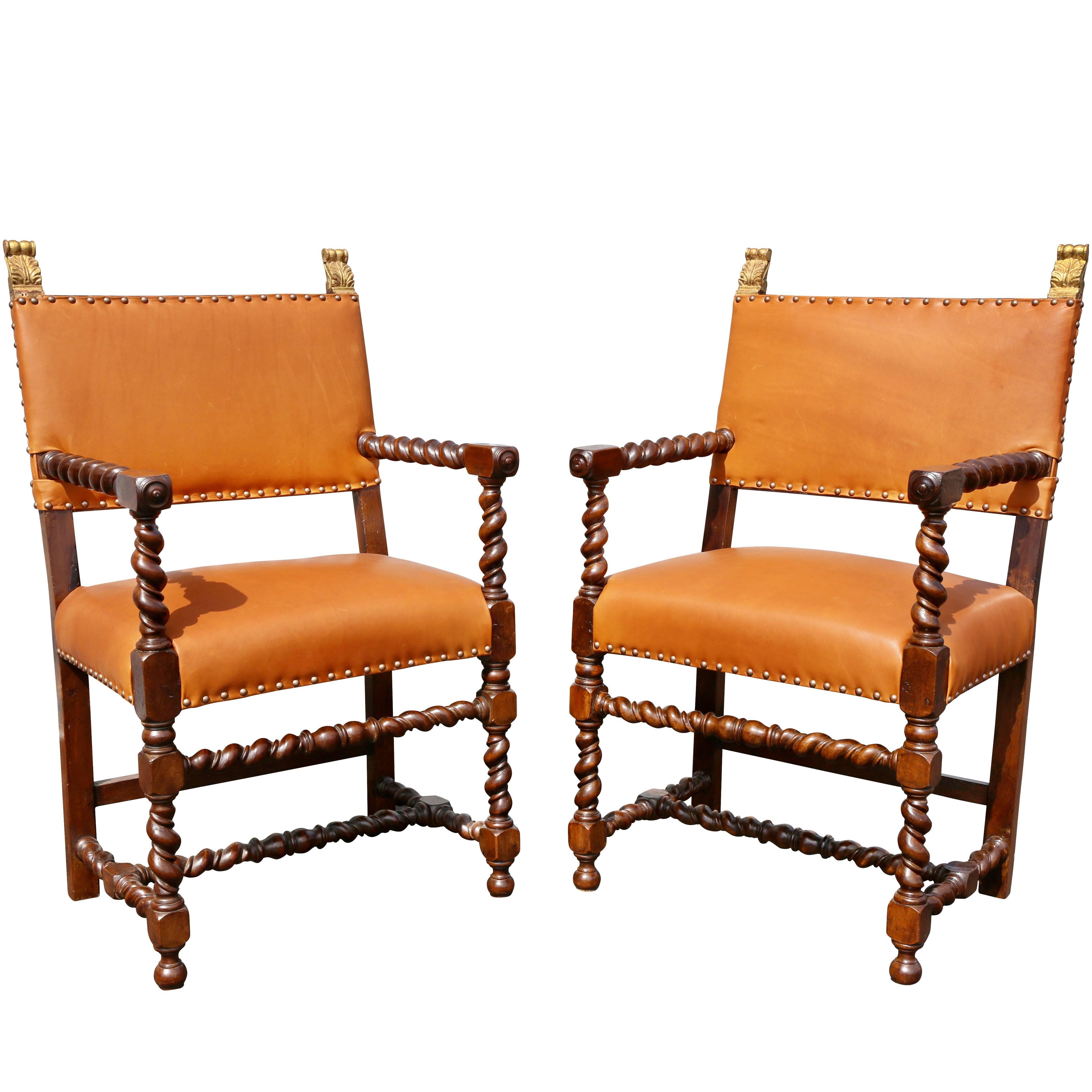 Pair of Italian Baroque Walnut Armchairs