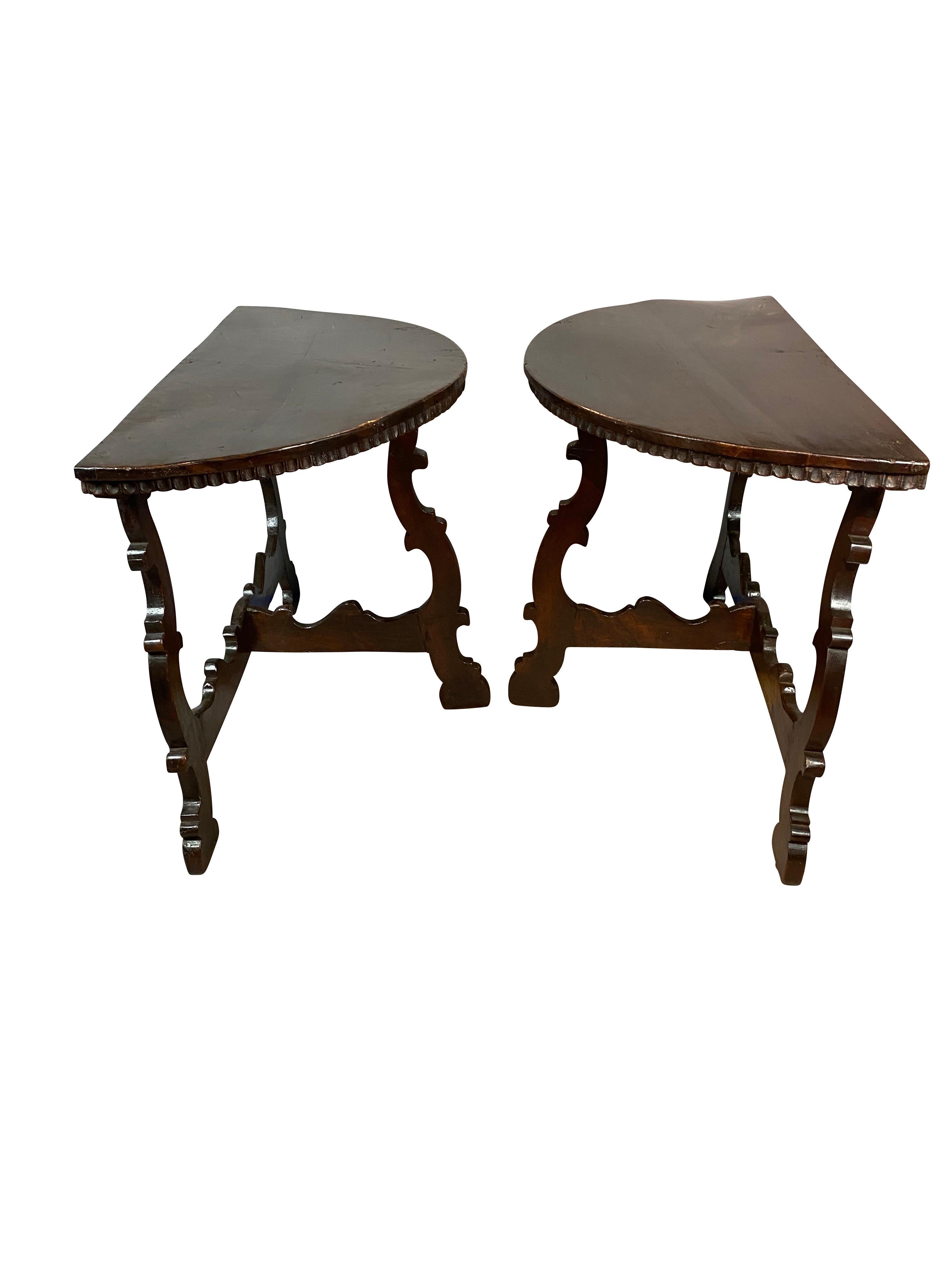 Pair of Italian Baroque Walnut Demilune Console Tables In Good Condition In Essex, MA
