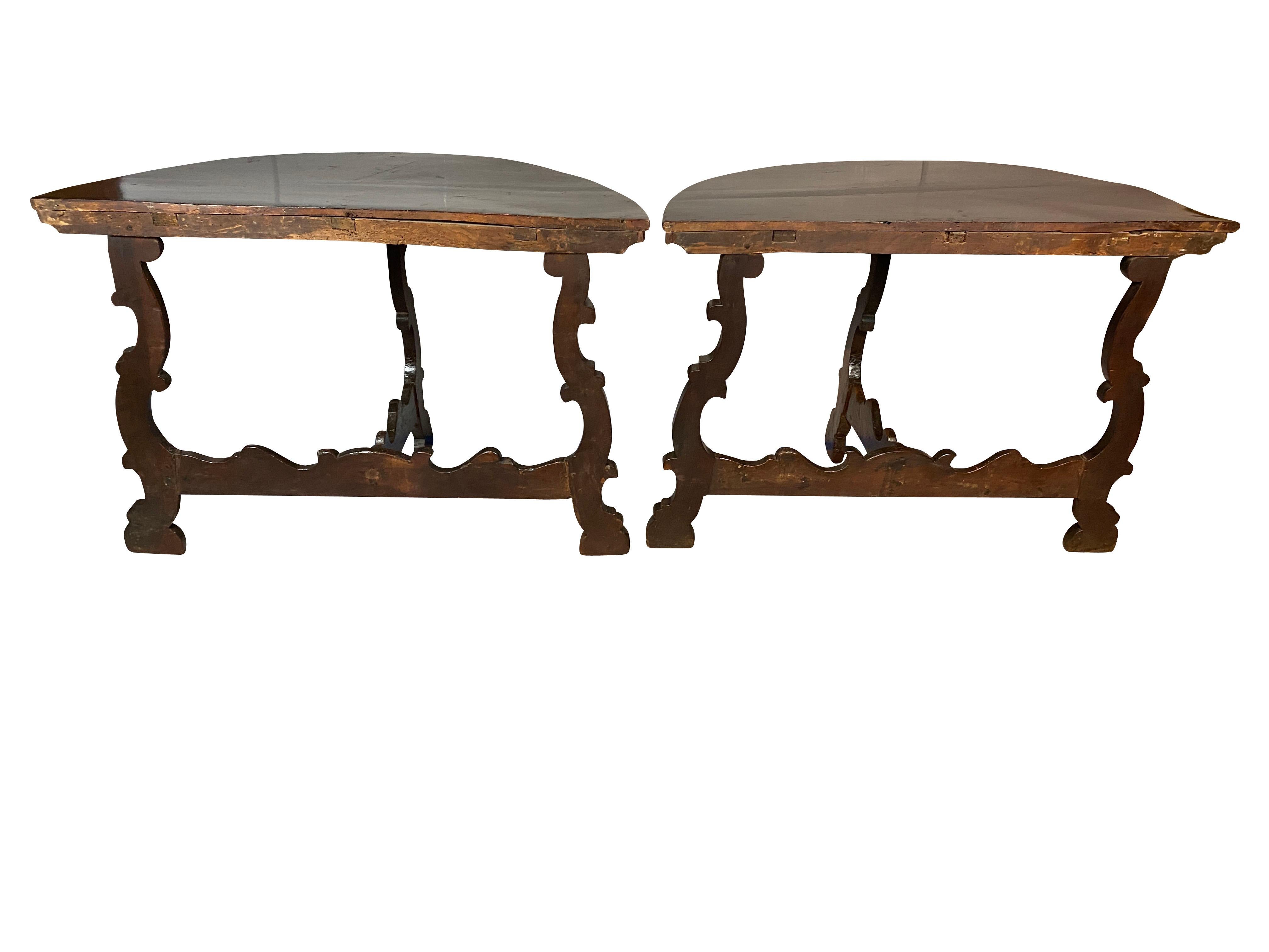 17th Century Pair of Italian Baroque Walnut Demilune Console Tables
