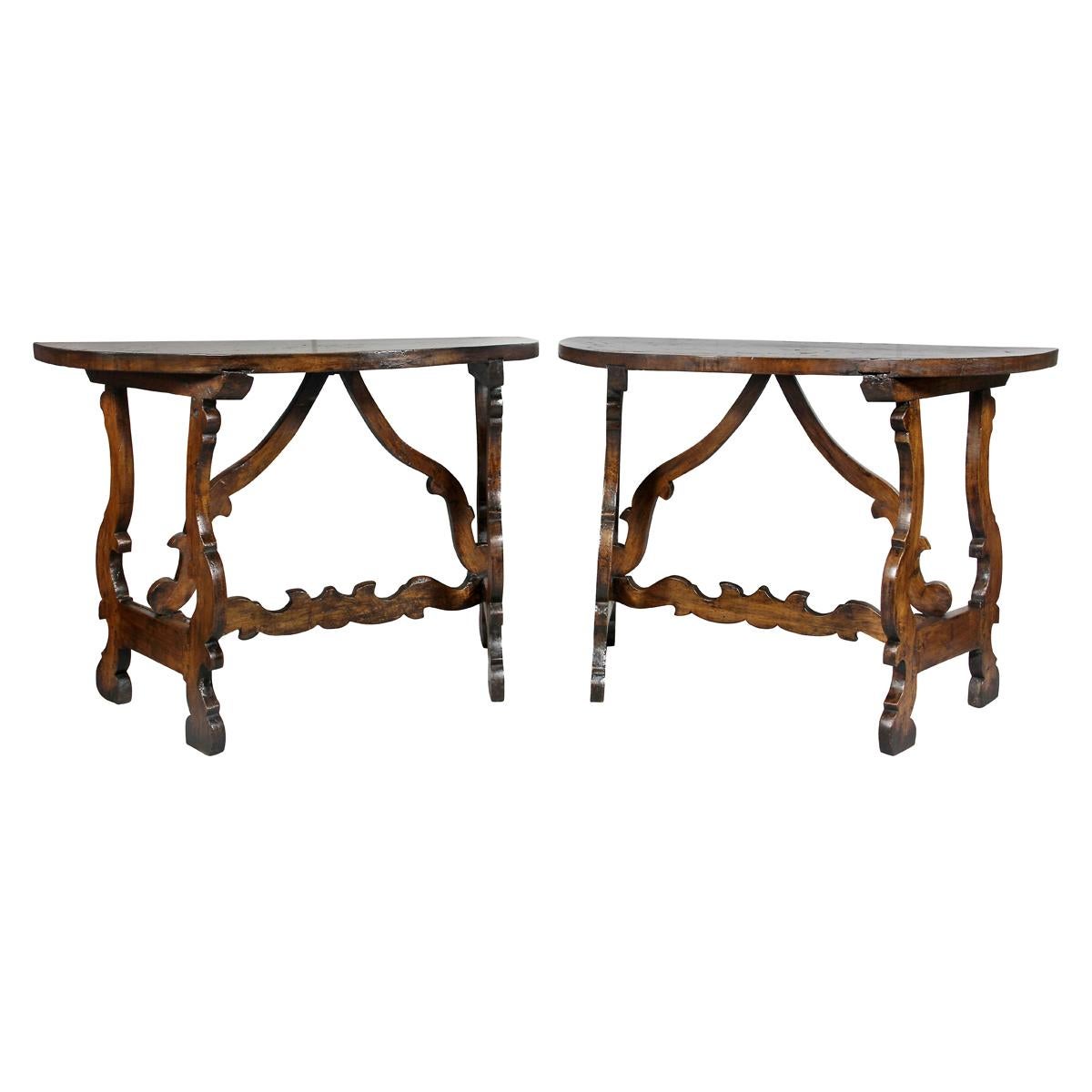 Pair of Italian Baroque Walnut Console Tables