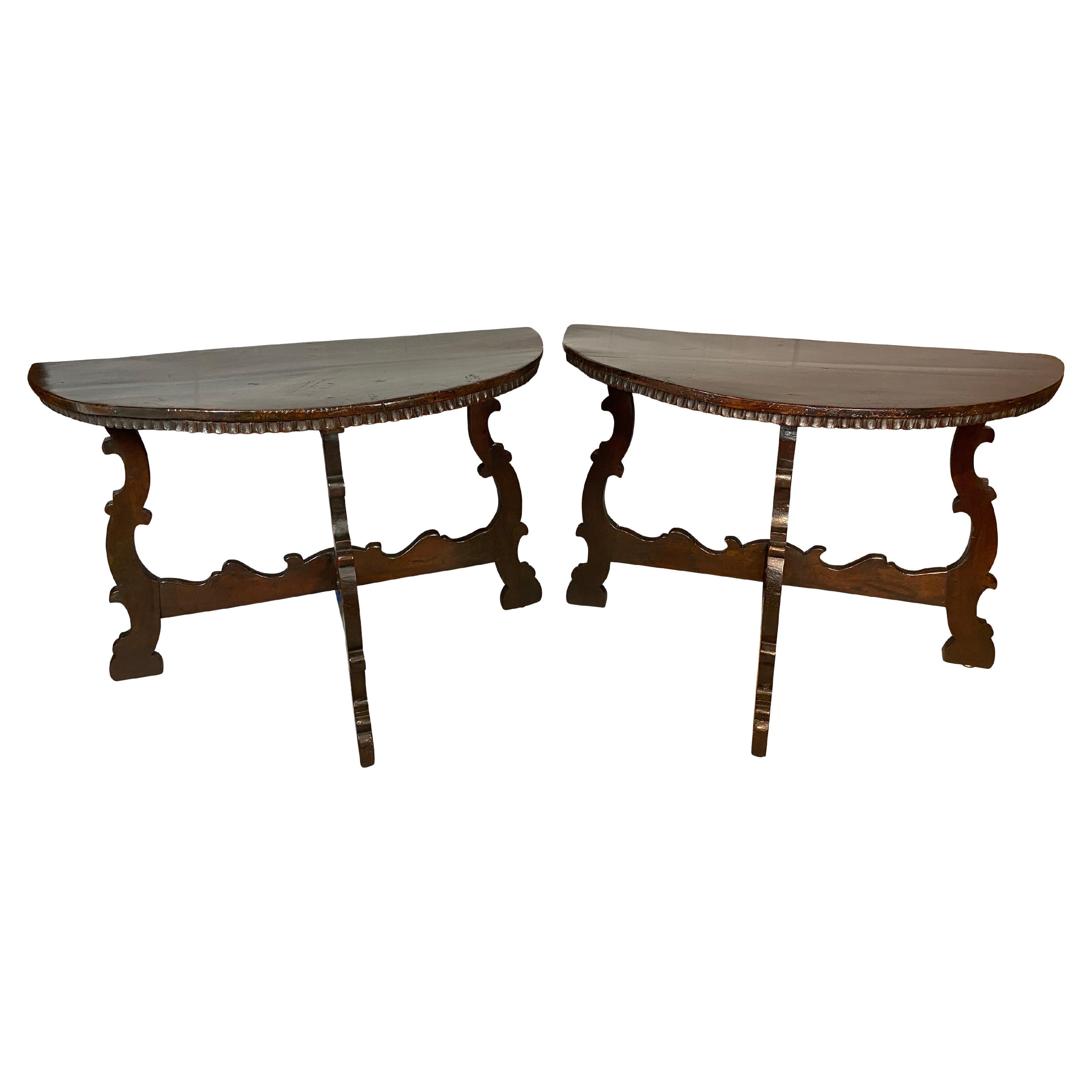Pair of Italian Baroque Walnut Demilune Console Tables