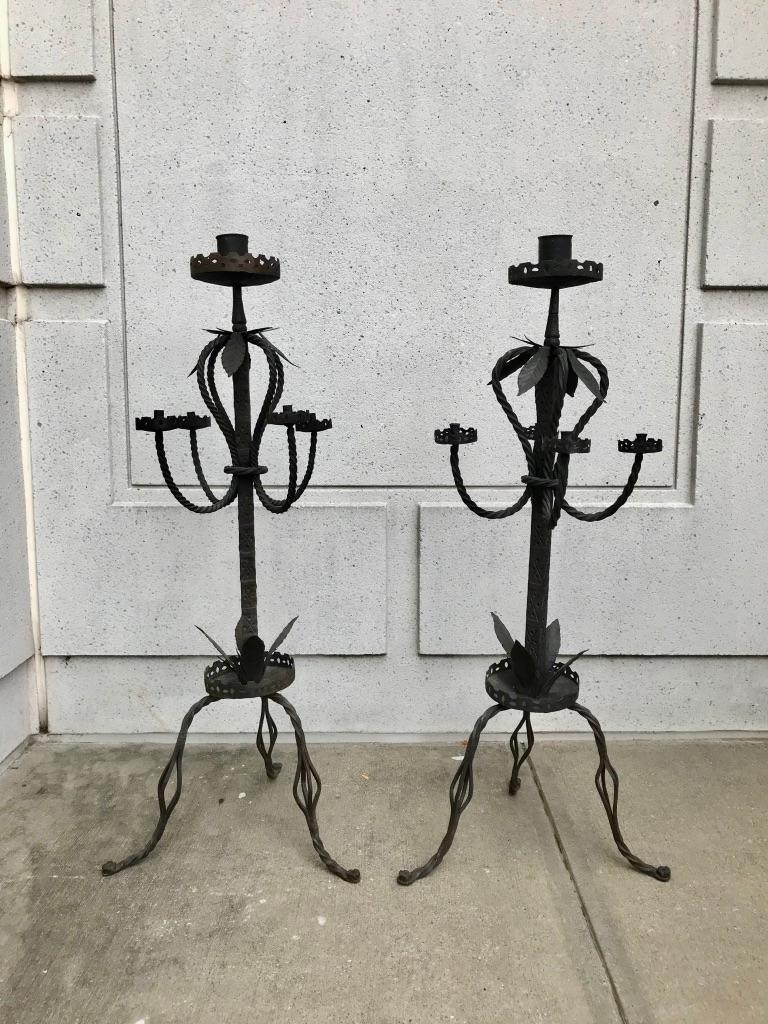 Pair of Italian Baroque Wrought Iron Five Light Candelabra  For Sale 7