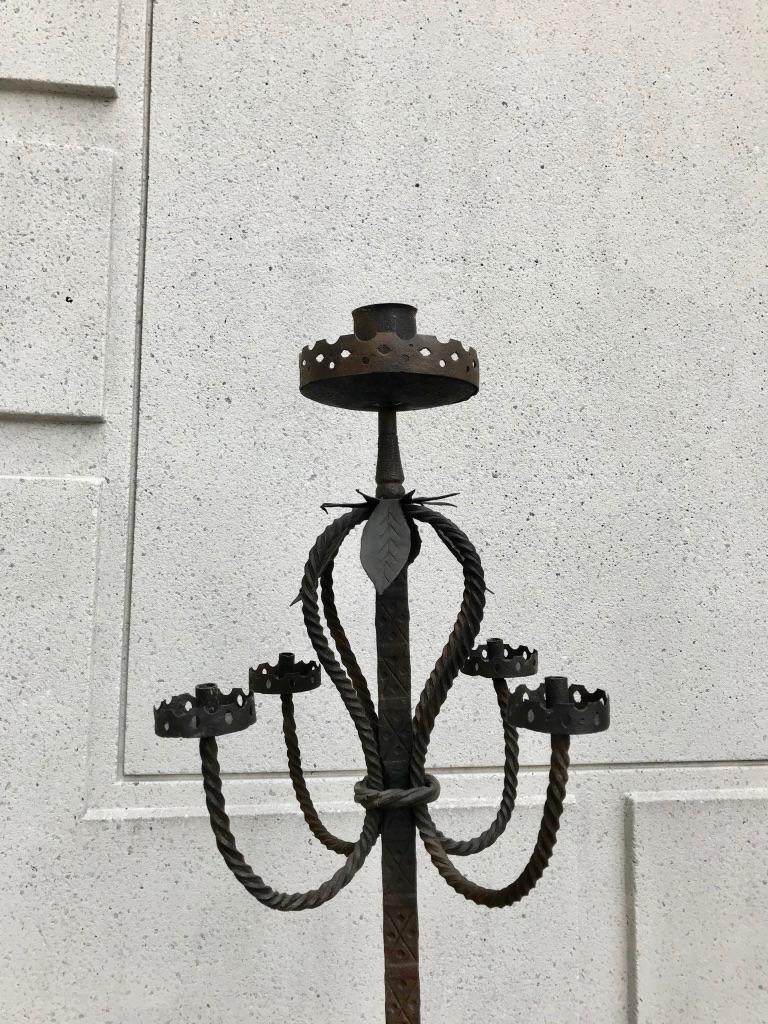 Pair of Italian Baroque Wrought Iron Five Light Candelabra  In Good Condition For Sale In Stamford, CT