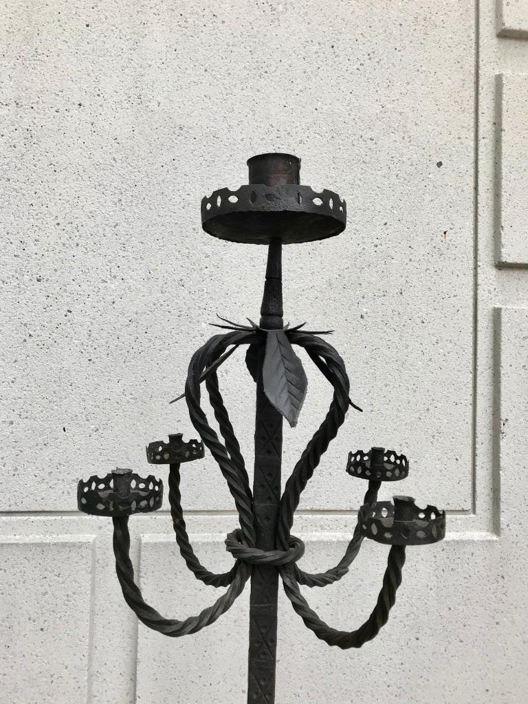 19th Century Pair of Italian Baroque Wrought Iron Five Light Candelabra  For Sale
