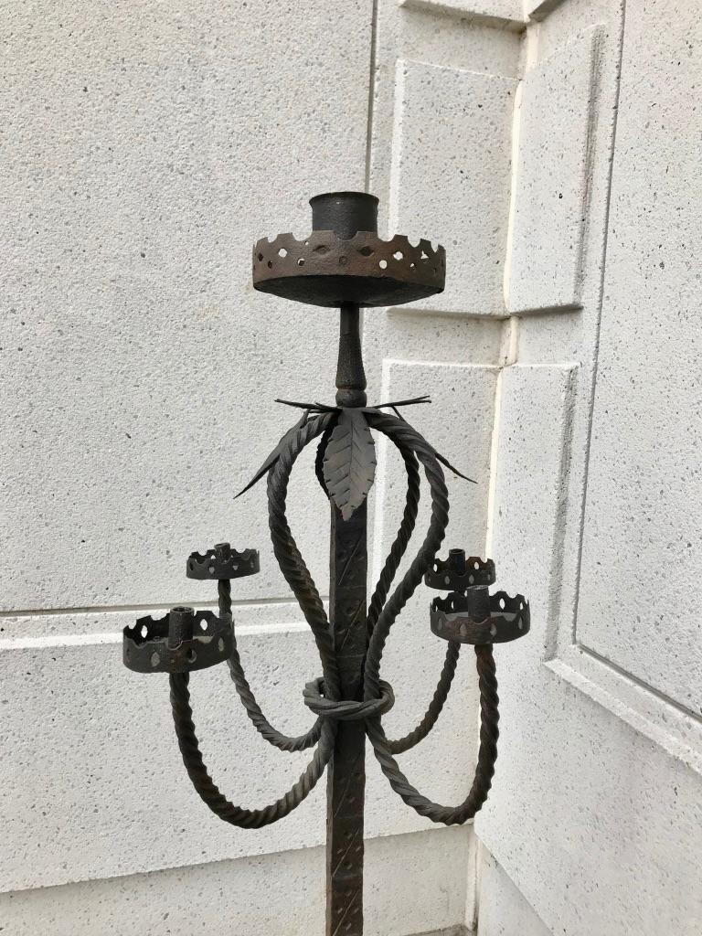 Pair of Italian Baroque Wrought Iron Five Light Candelabra  For Sale 1