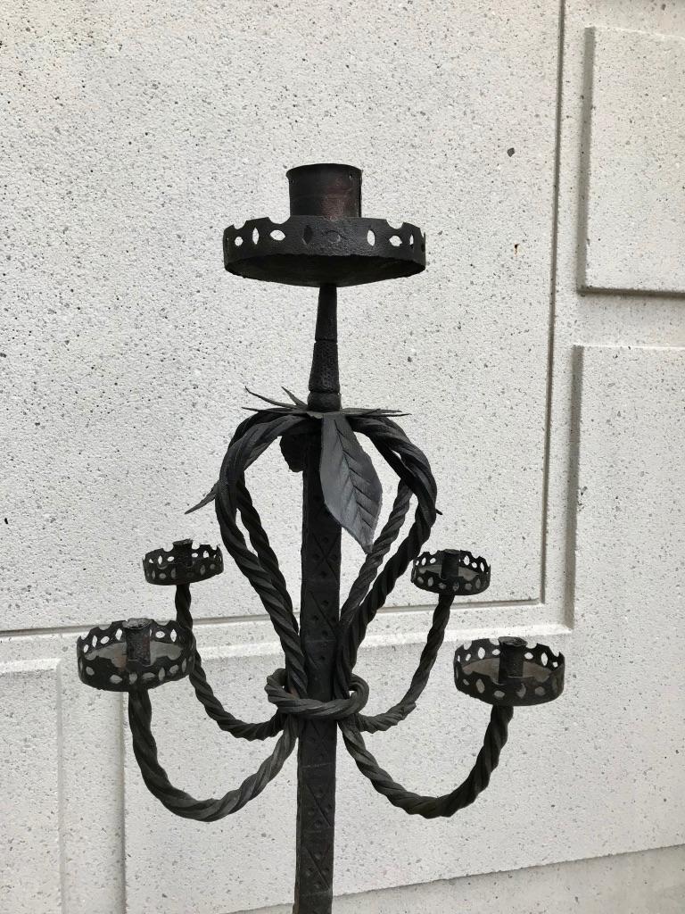 Pair of Italian Baroque Wrought Iron Five Light Candelabra  For Sale 4