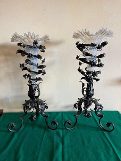 Pair of Italian Barovier Glass and Wrought Iron Vases