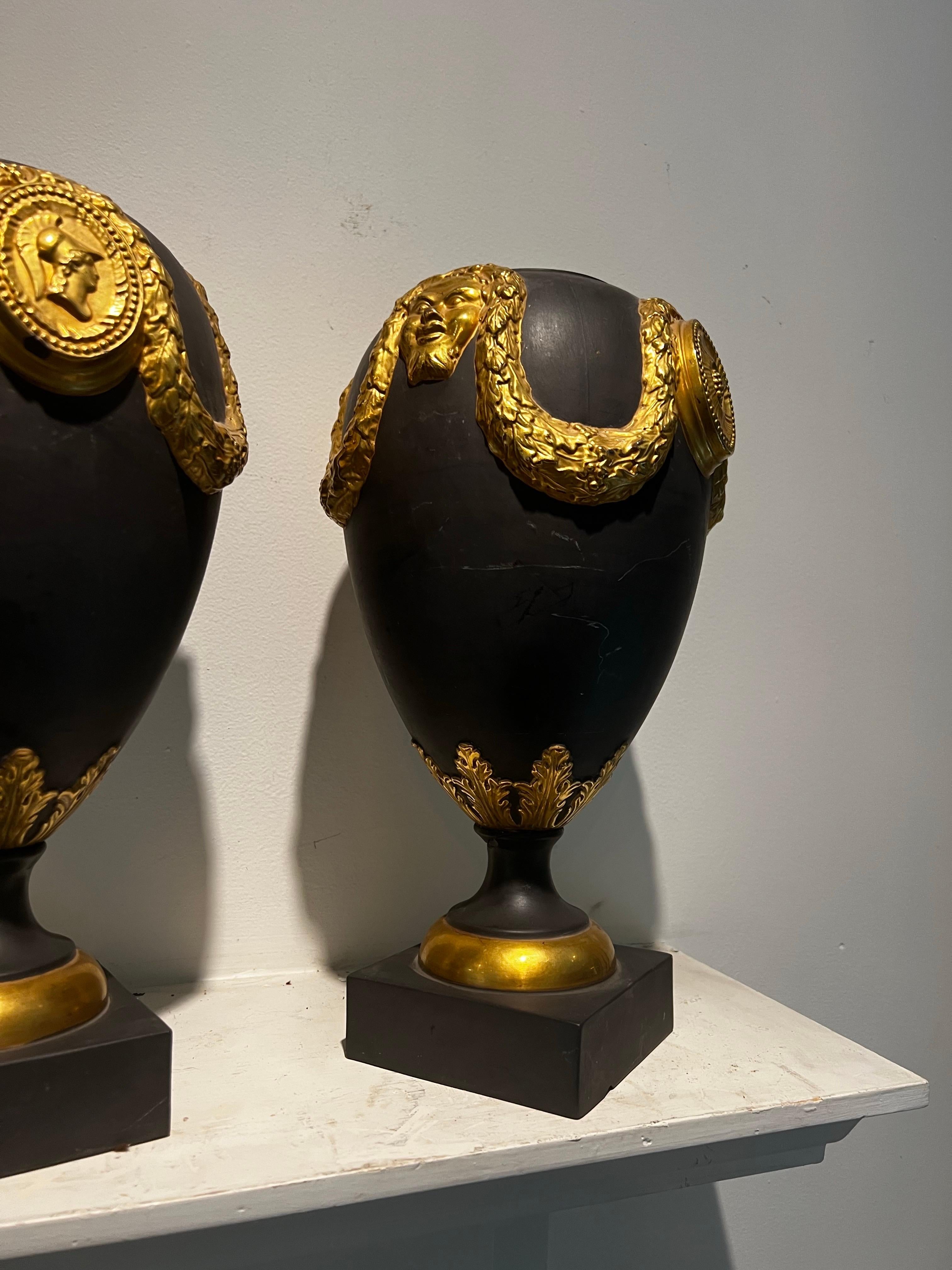 Pair of Italian Basalt with Gold Gilt Ormolu Urn/Vases - Wedgewood Style For Sale 5