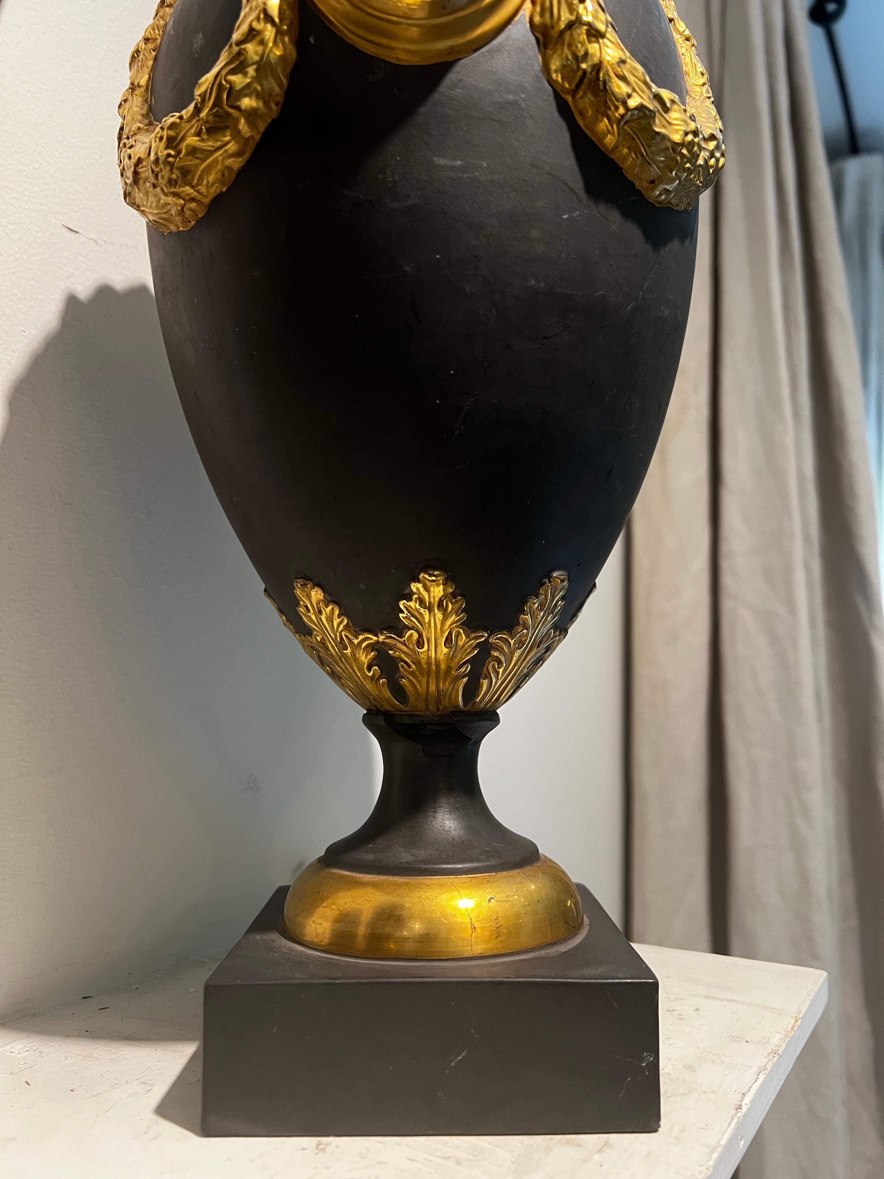 Pair of Italian Basalt with Gold Gilt Ormolu Urn/Vases - Wedgewood Style For Sale 8