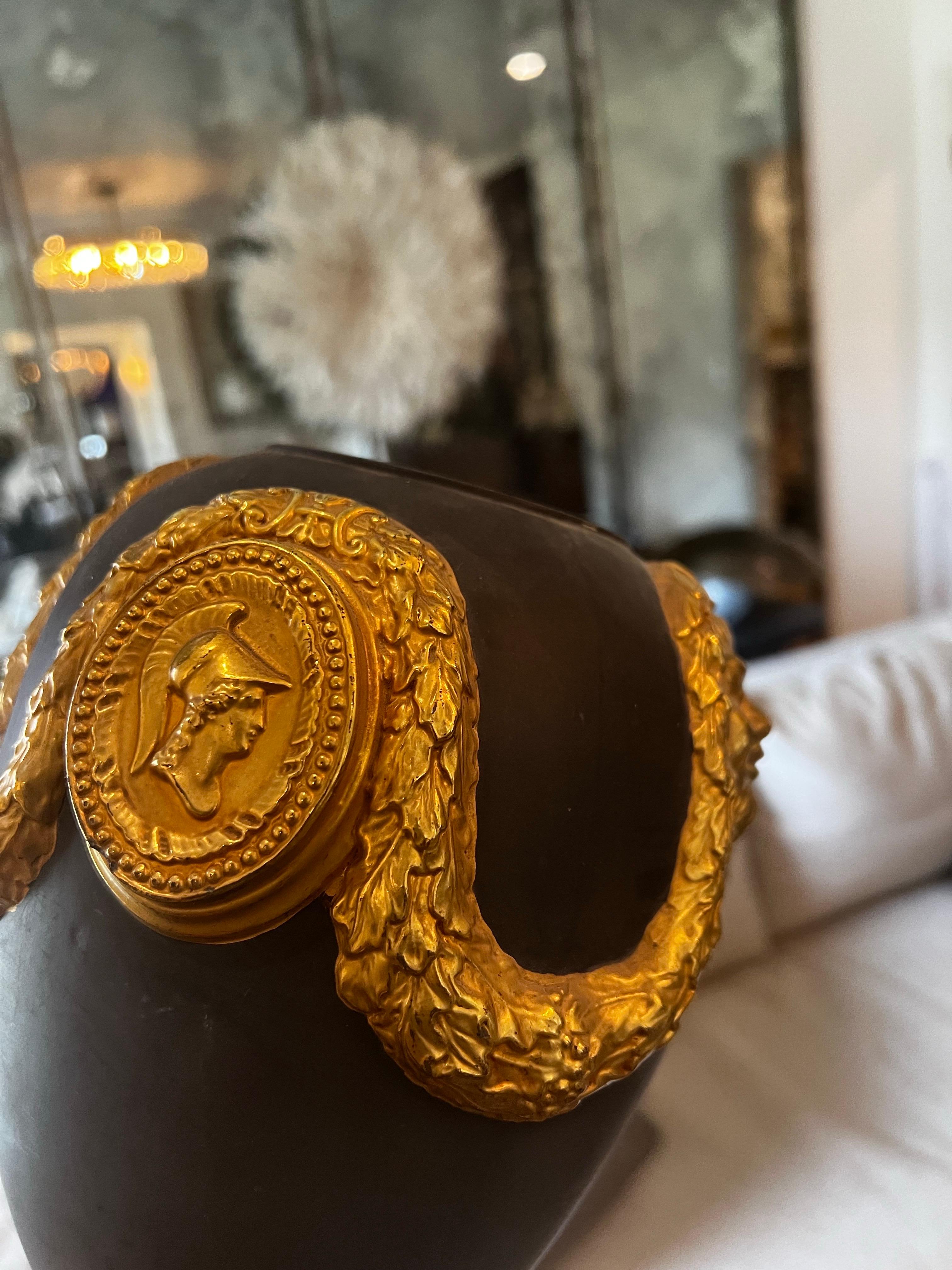 Pair of Italian Basalt with Gold Gilt Ormolu Urn/Vases - Wedgewood Style For Sale 9