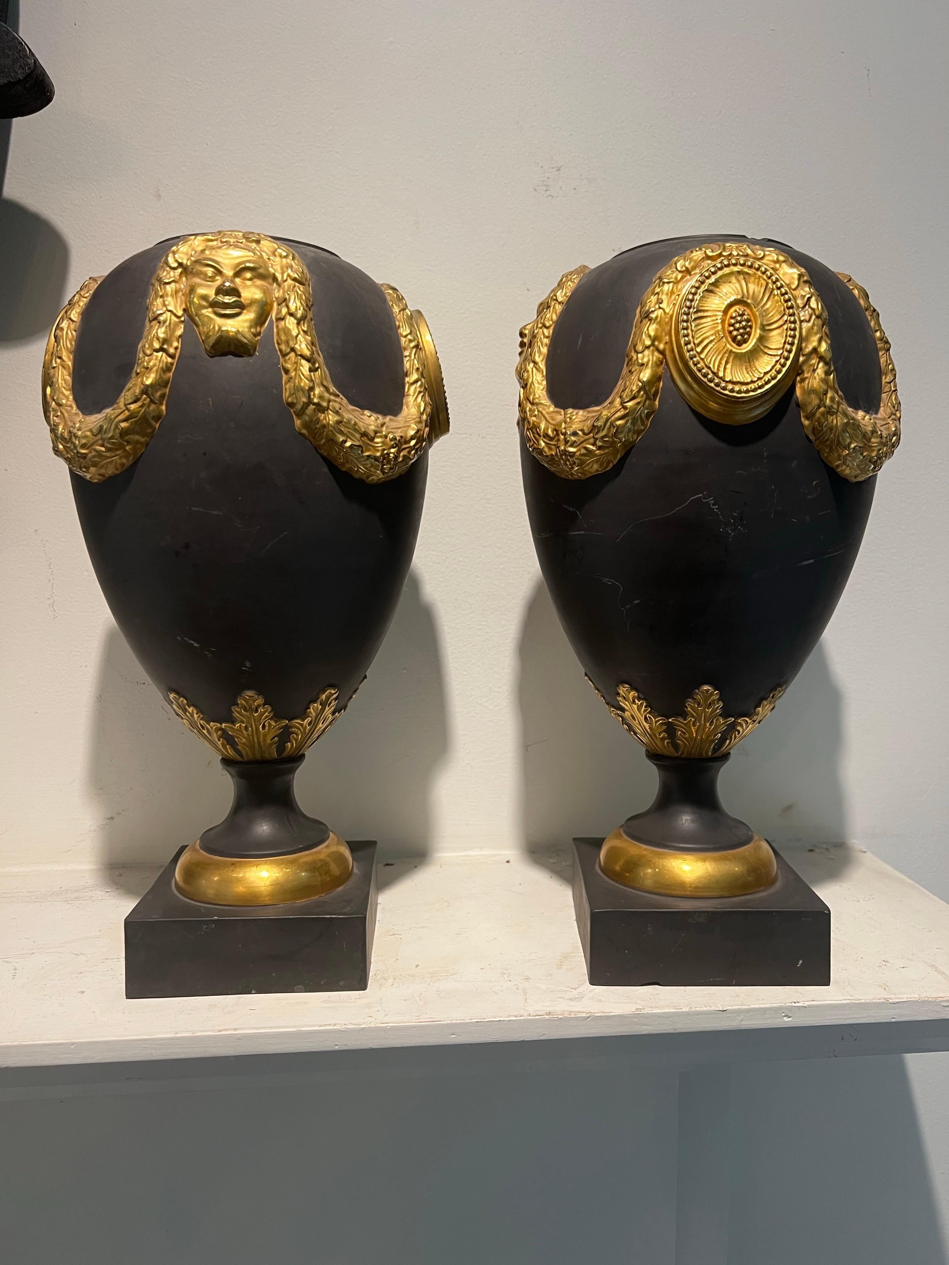 Pair of Italian Basalt with Gold Gilt Ormolu Urn/Vases - Wedgewood Style For Sale 10