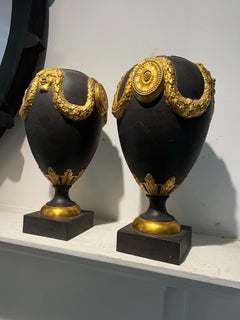 Pair of Italian Basalt with Gold Gilt Ormolu Urn/Vases - Wedgewood Style