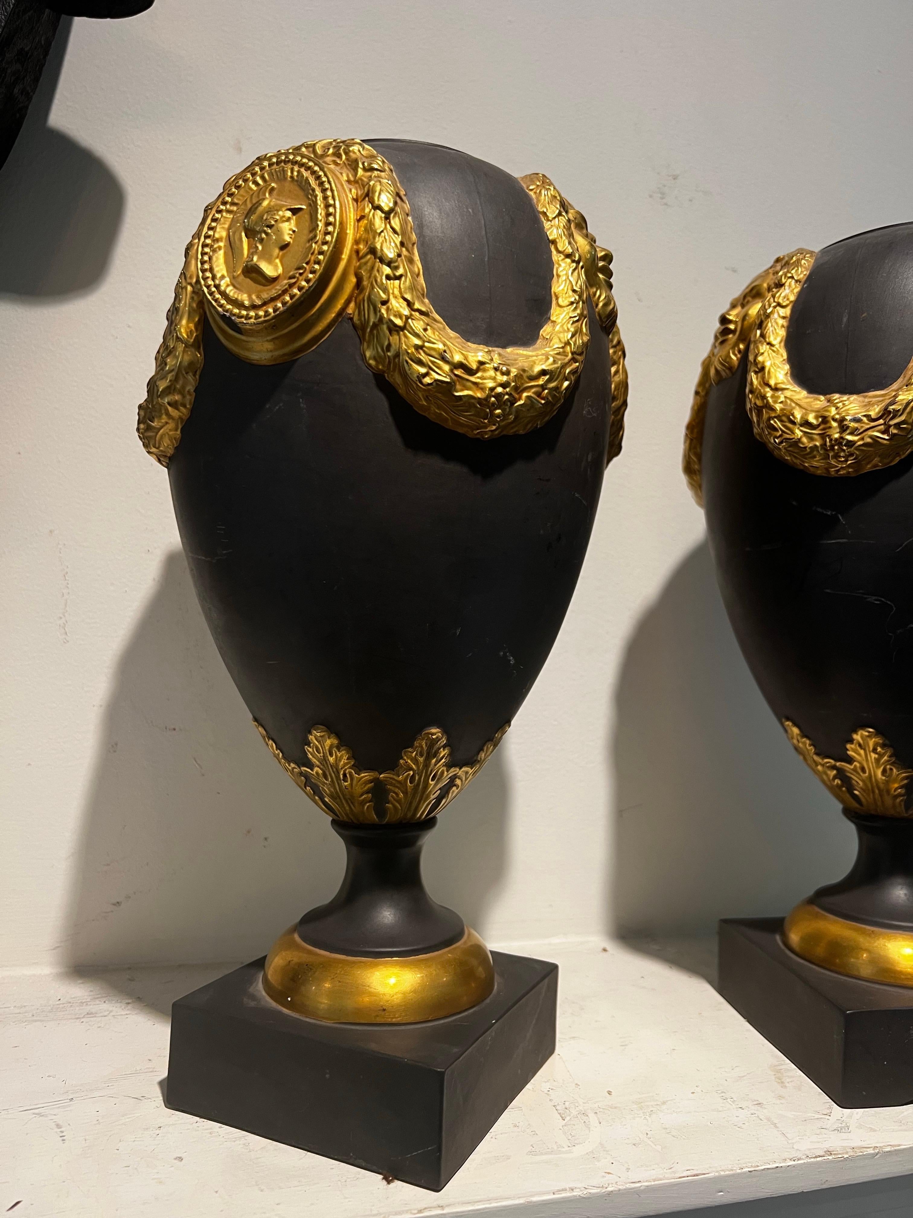 Neoclassical Pair of Italian Basalt with Gold Gilt Ormolu Urn/Vases - Wedgewood Style For Sale