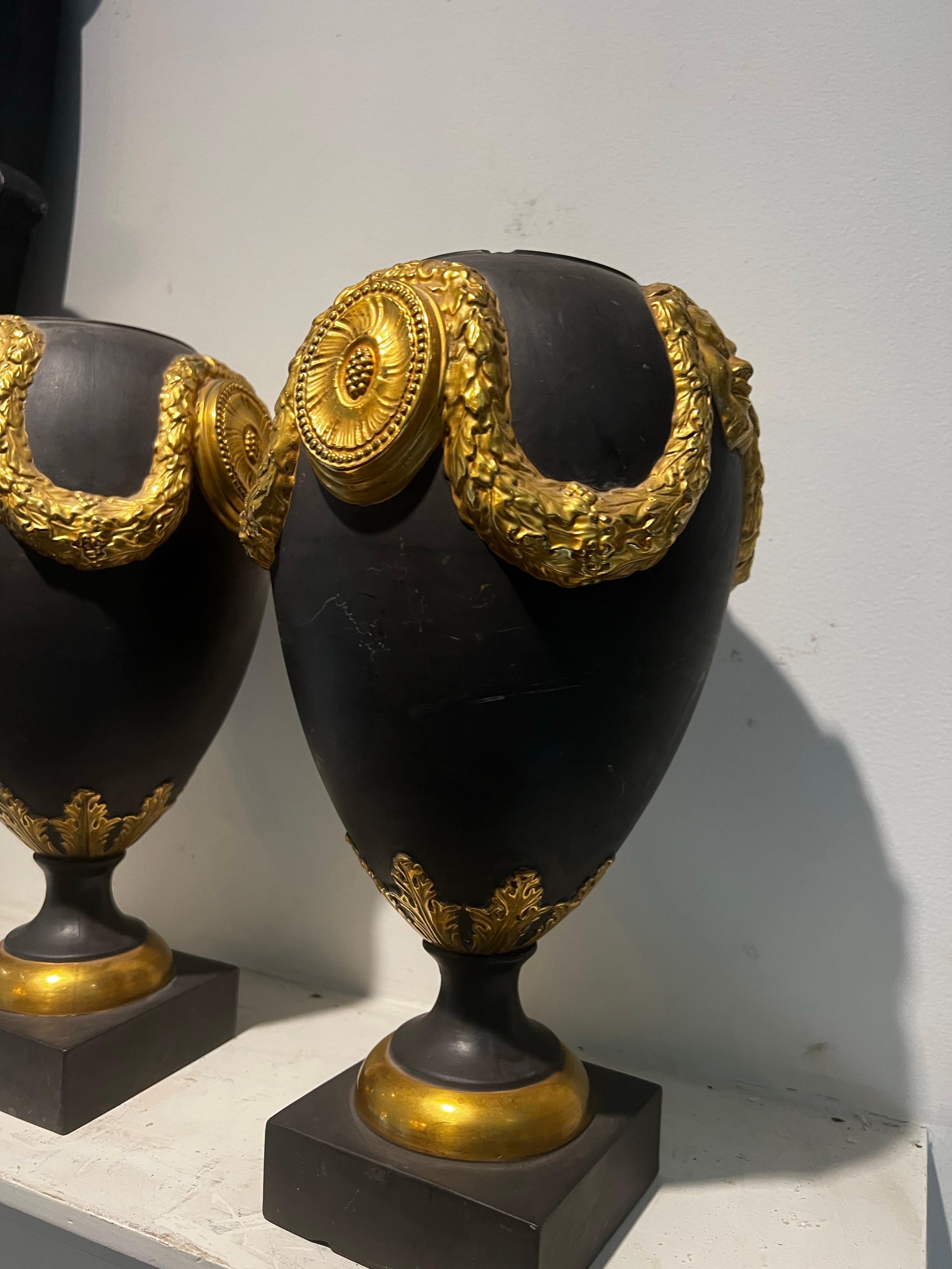 Pair of Italian Basalt with Gold Gilt Ormolu Urn/Vases - Wedgewood Style In Fair Condition For Sale In Los Angeles, CA