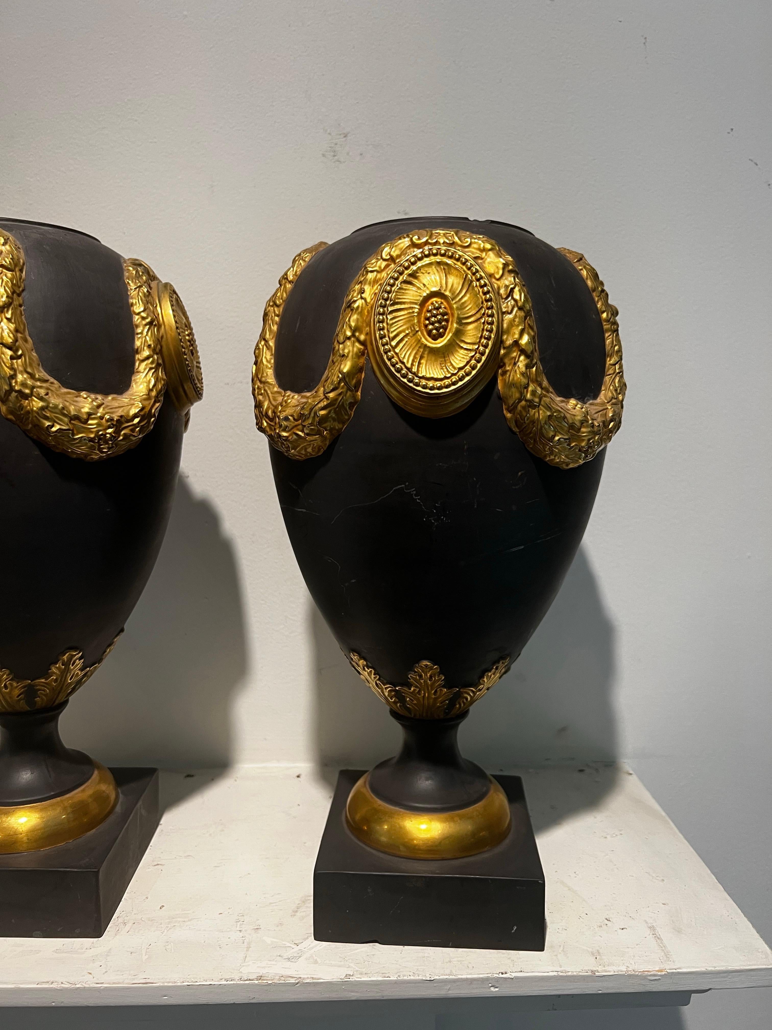 19th Century Pair of Italian Basalt with Gold Gilt Ormolu Urn/Vases - Wedgewood Style For Sale