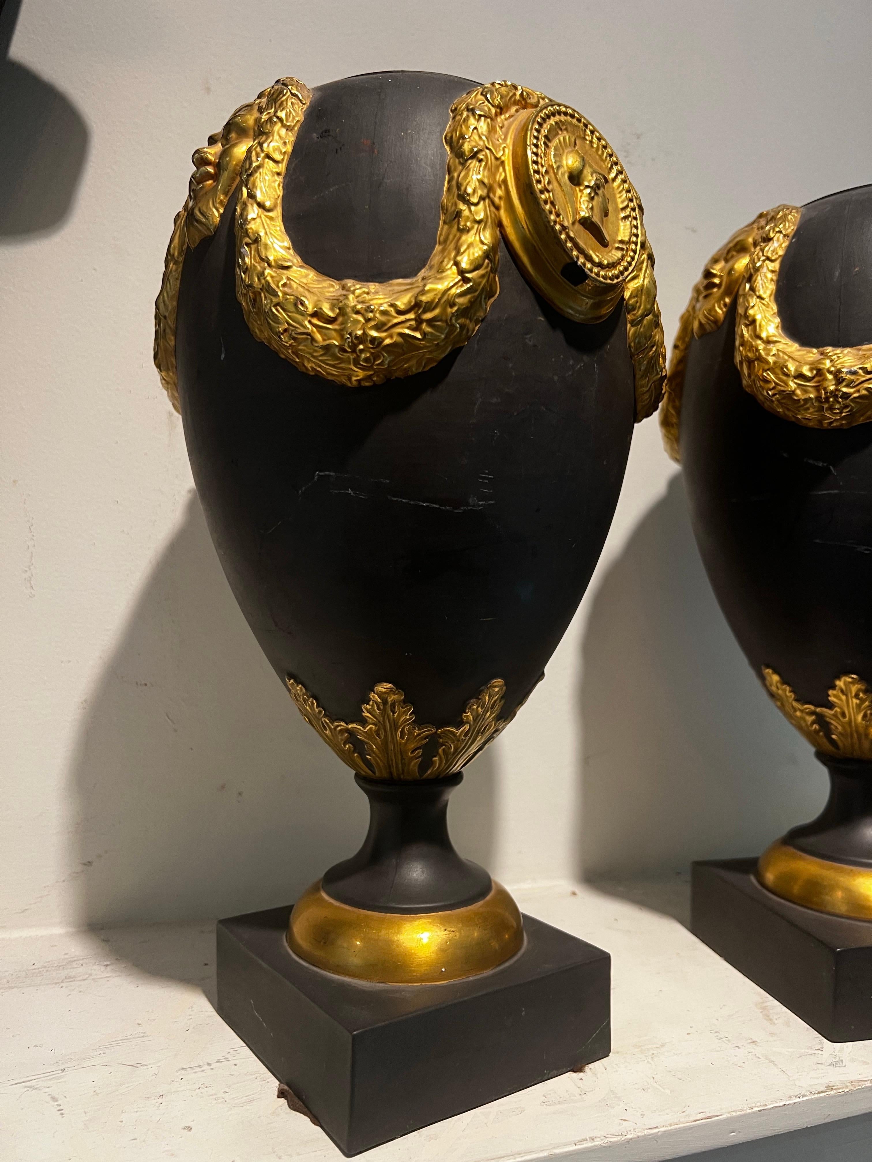 Pair of Italian Basalt with Gold Gilt Ormolu Urn/Vases - Wedgewood Style For Sale 1