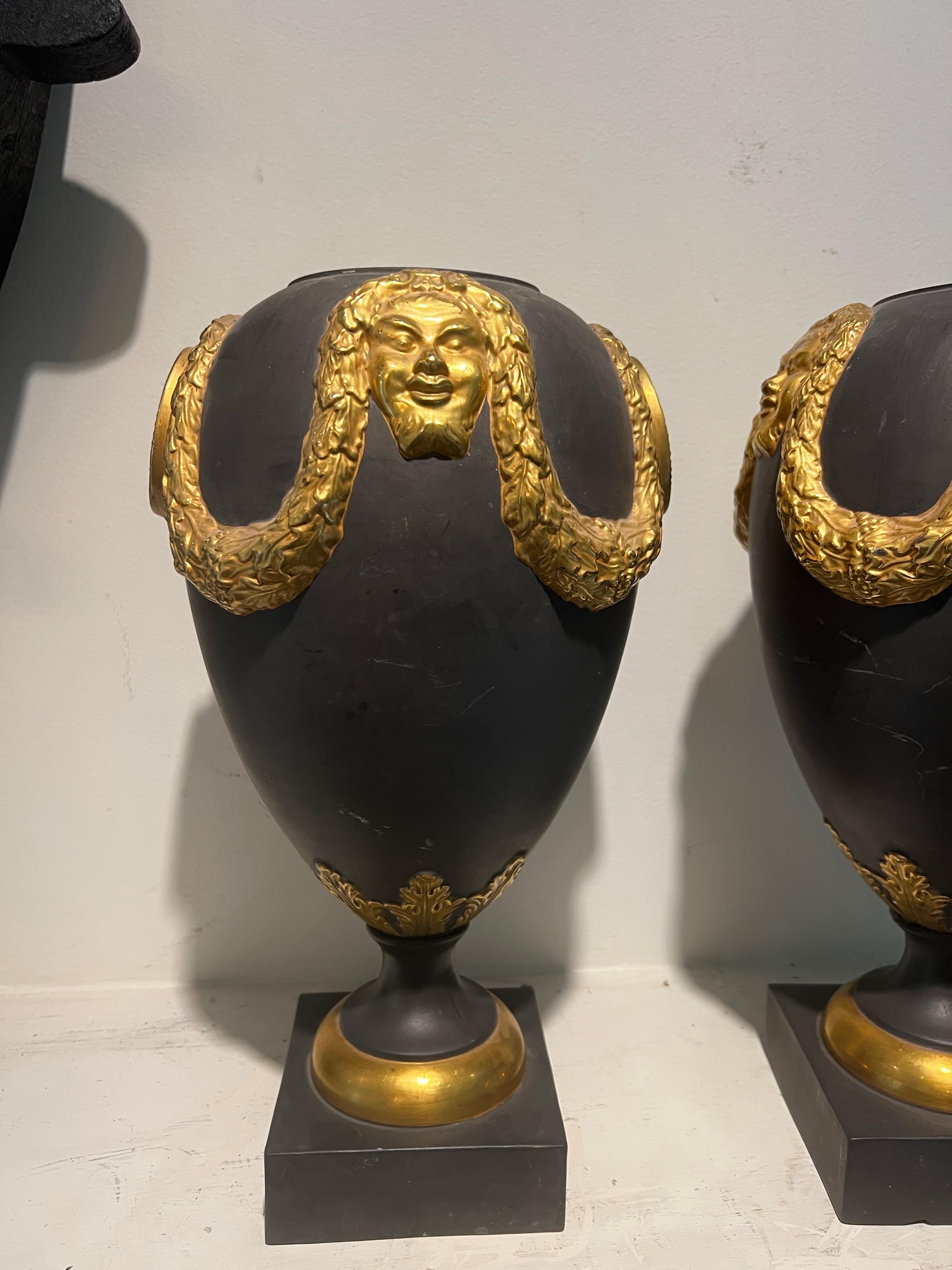 Pair of Italian Basalt with Gold Gilt Ormolu Urn/Vases - Wedgewood Style For Sale 2