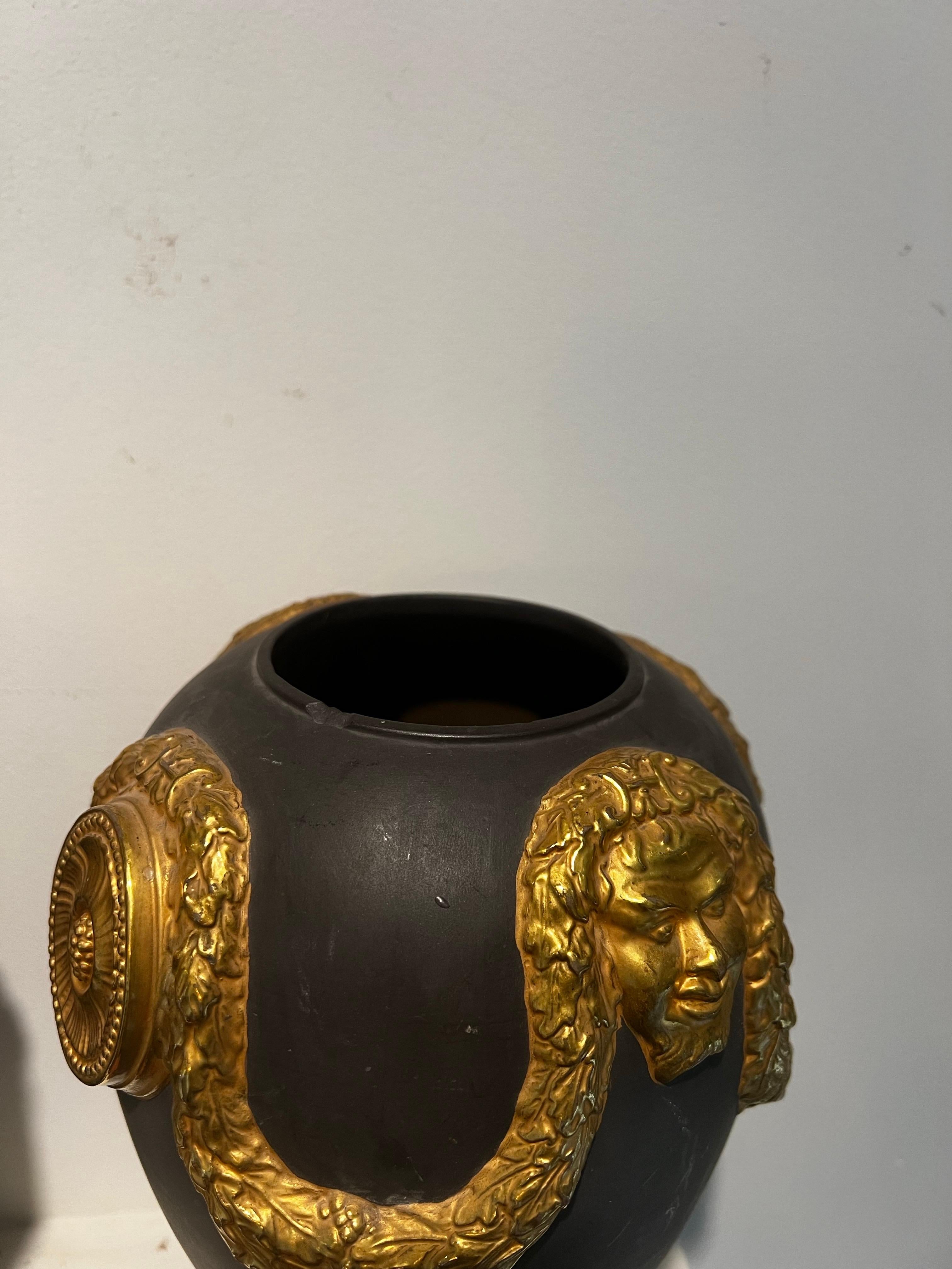 Pair of Italian Basalt with Gold Gilt Ormolu Urn/Vases - Wedgewood Style For Sale 3