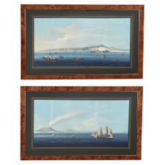 Pair of Italian Bayscape Gouache Paintings with Mt.Vesuvius