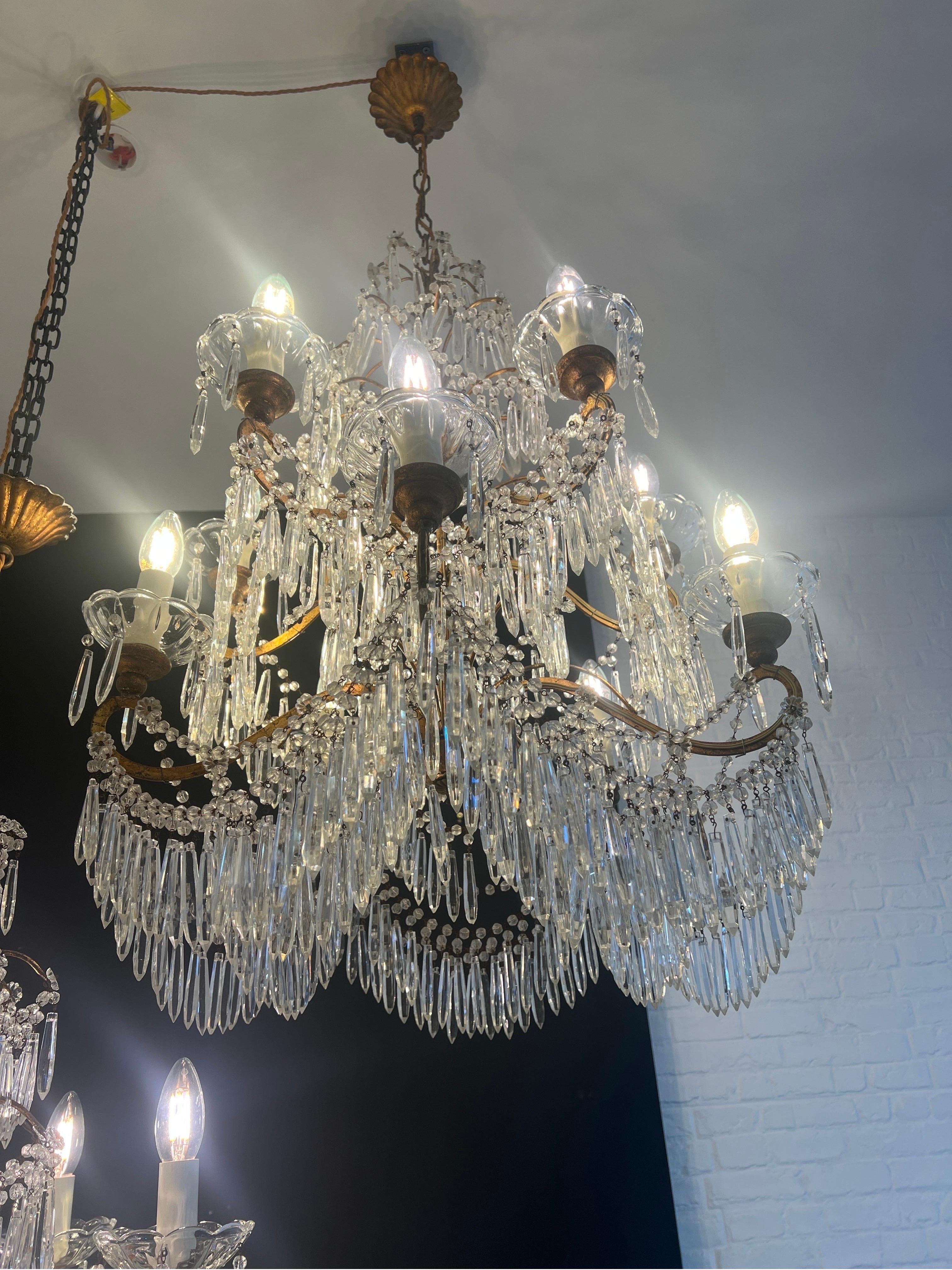 Pair of Italian beaded & crystal 10 light chandeliers  In Good Condition For Sale In London, GB