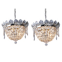 Vintage Pair of Italian Beaded Crystal Ceiling Fixtures Flush Mounted Plafonniers 1950