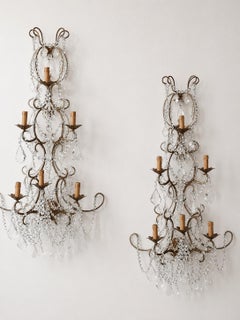 Pair of Italian Beaded Crystal Sconces in Antique Gold Frame, Italy