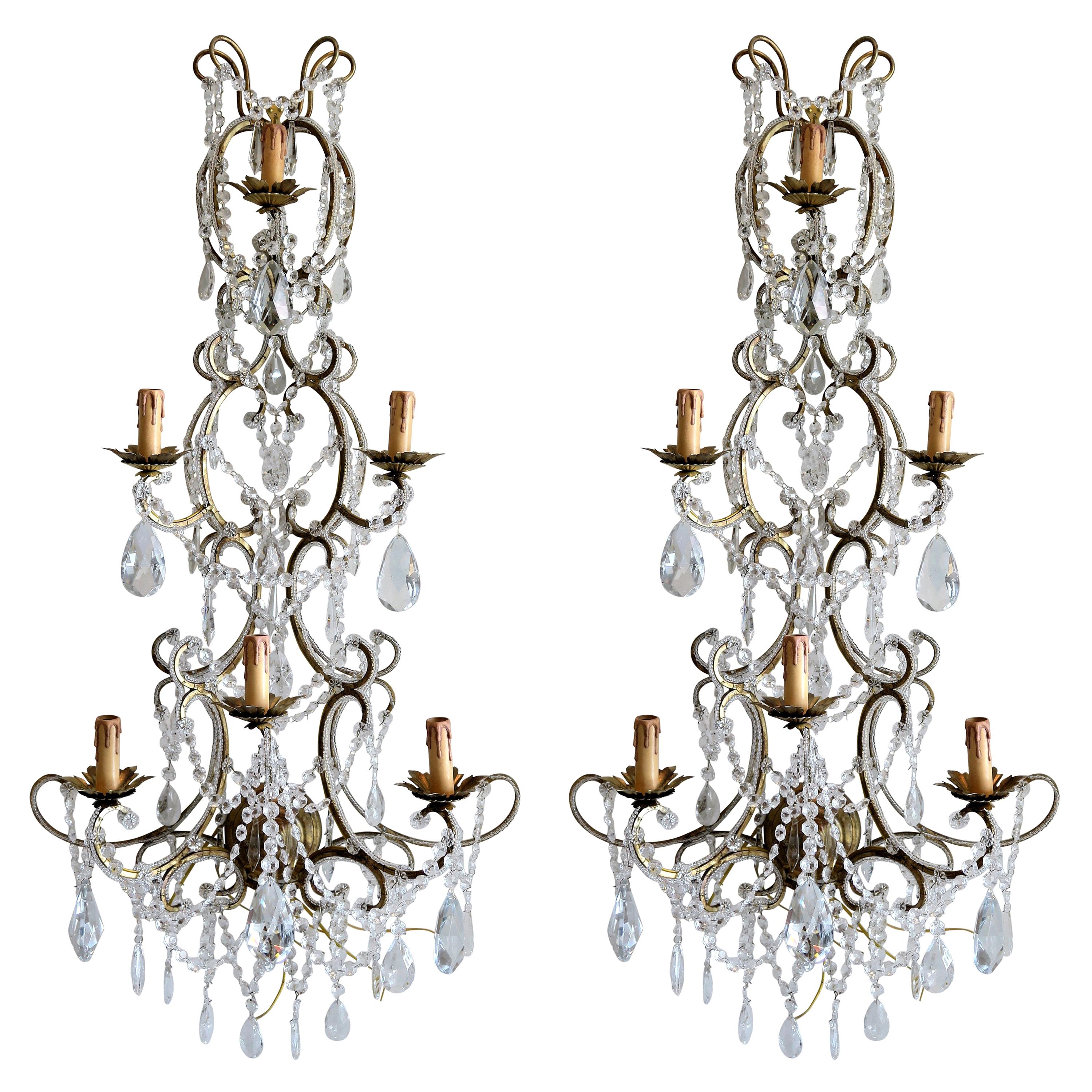 Pair of Italian Beaded Crystal Sconces in Antique Gold Frame, Italy For Sale