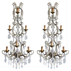 Pair of Italian Beaded Crystal Sconces in Antique Gold Frame, Italy