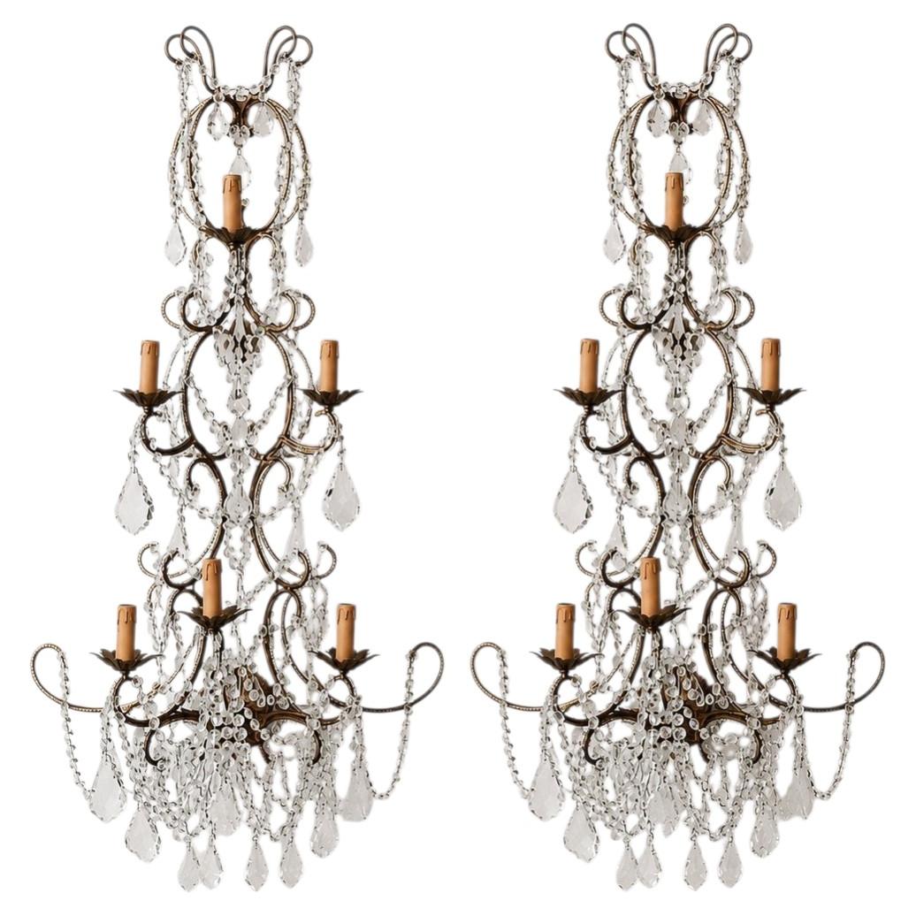 Pair of Italian Beaded Crystal Sconces in Antique Gold Frame, Italy